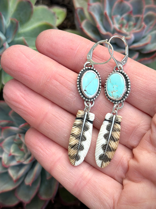 Royston Turquoise + Owl Feather Earrings