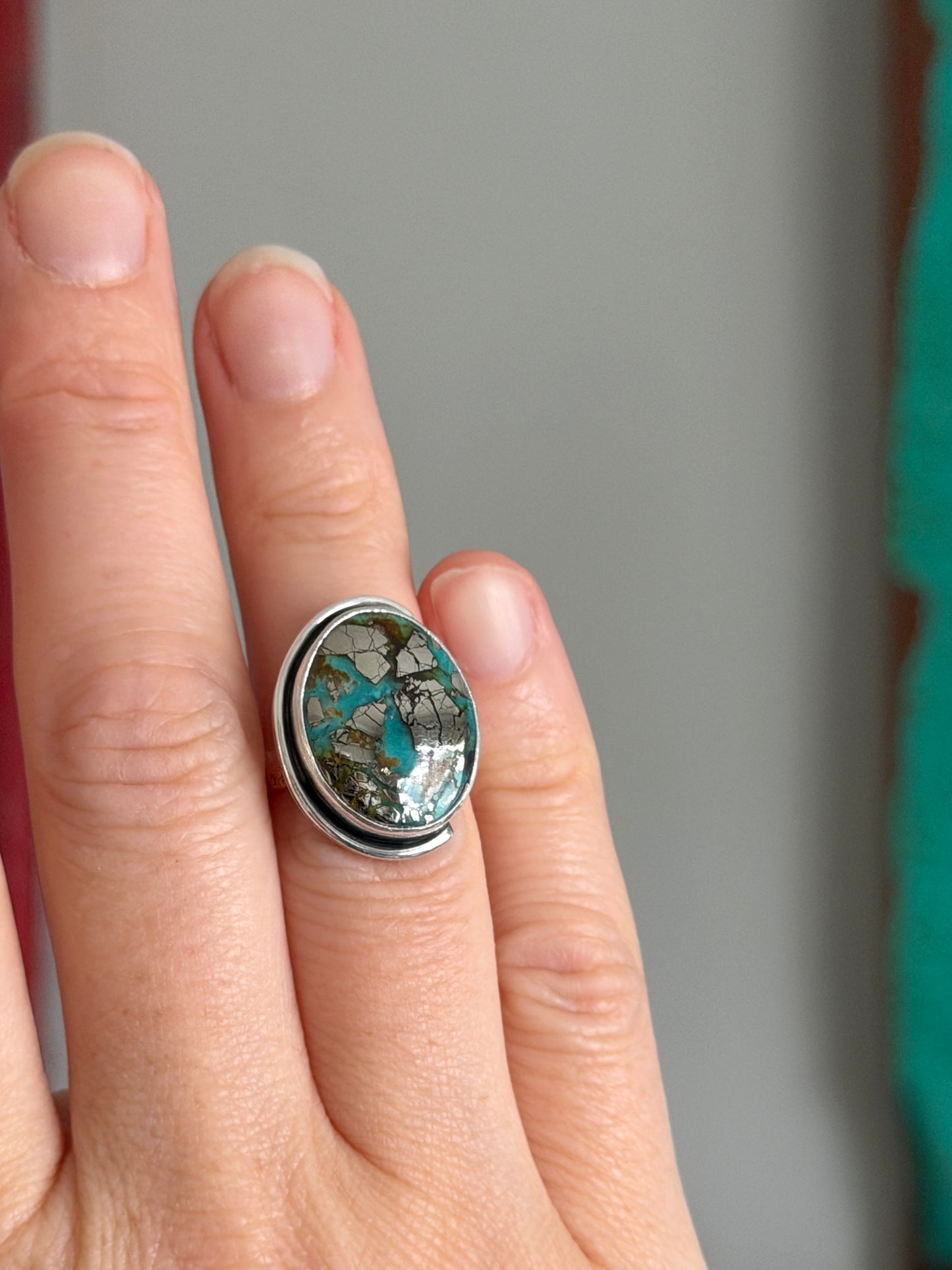 Morenci 2 Turquoise Ring with Pyrite size 6.25