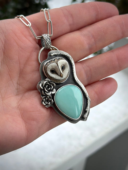 Big Minty Desert Bloom Variscite + Laura Mears Owl Face Pendant v2