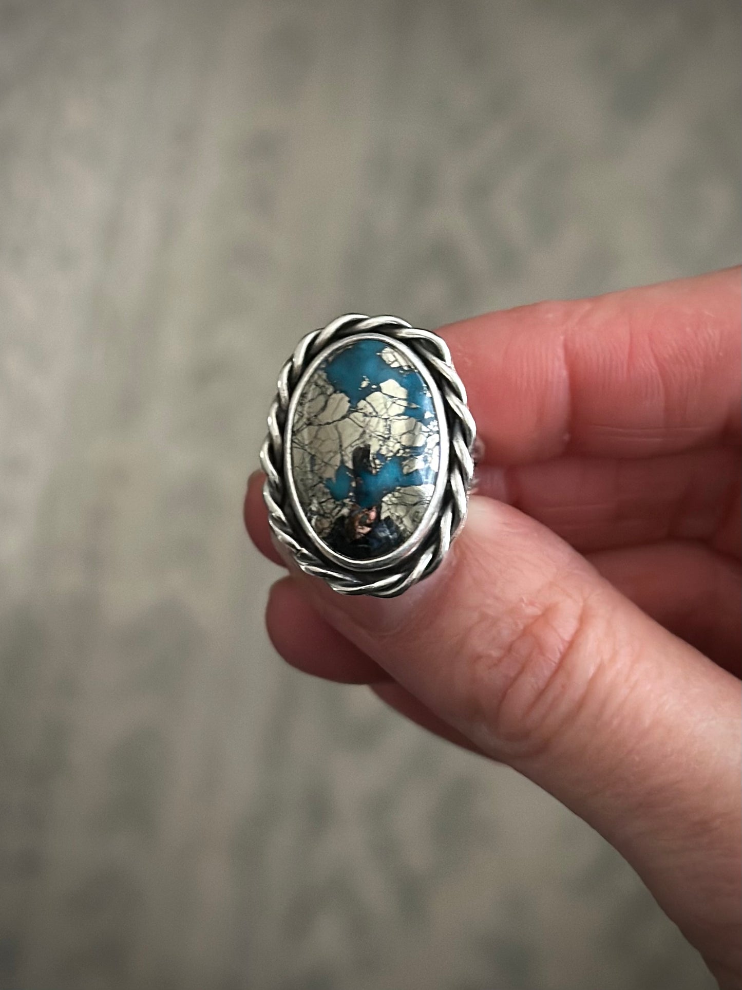 Morenci 2 Turquoise Twist Pyrite Loaded Ring in size 7