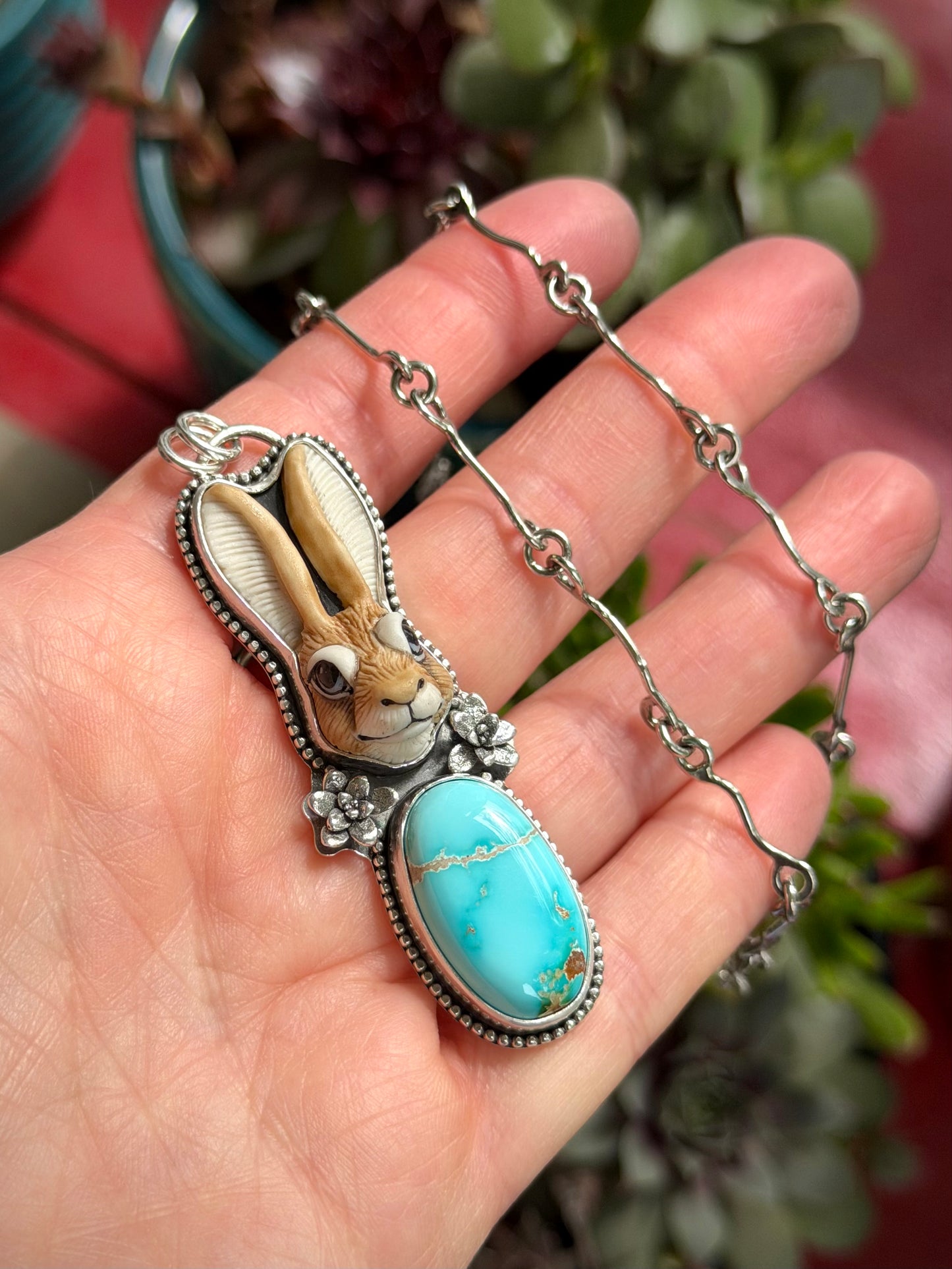Laura Mears Rabbit Hare Pale Royston Turquoise Pendant with Succulents