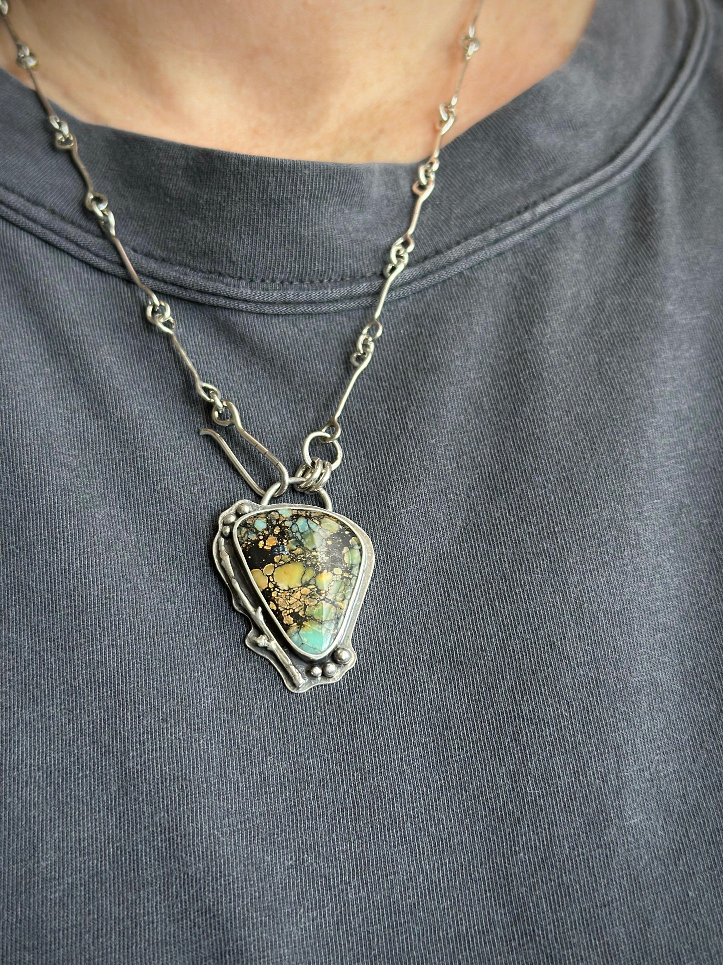 High Grade New Lander Variscite Polychrome Pendant with Handmade Chain