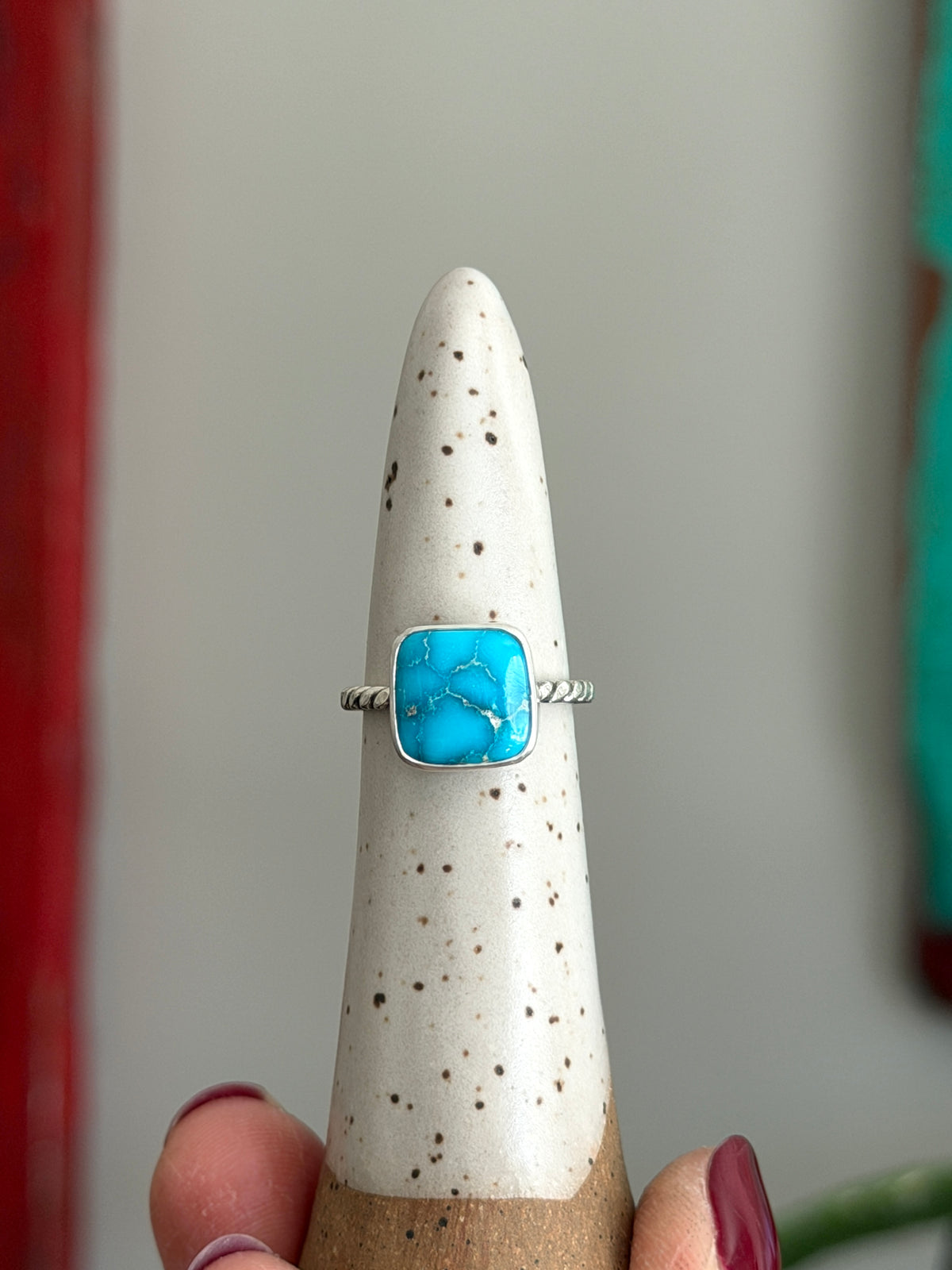 Bluebird Turquoise Square Twist Ring in size 6