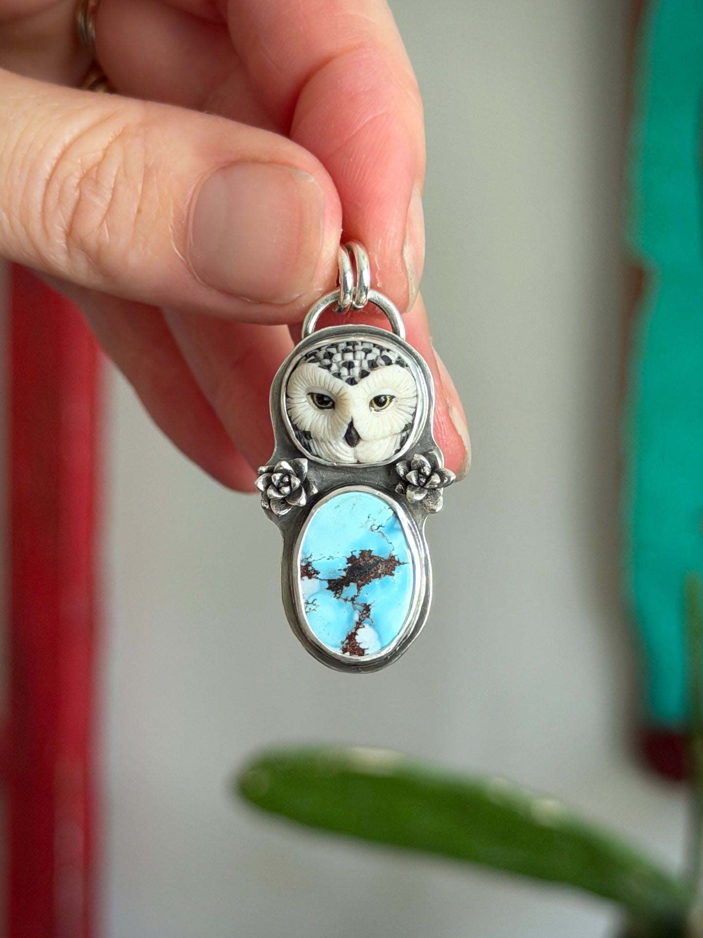 Golden Hills Turquoise Laura Mears Snowy Owl Pendant with Succulents