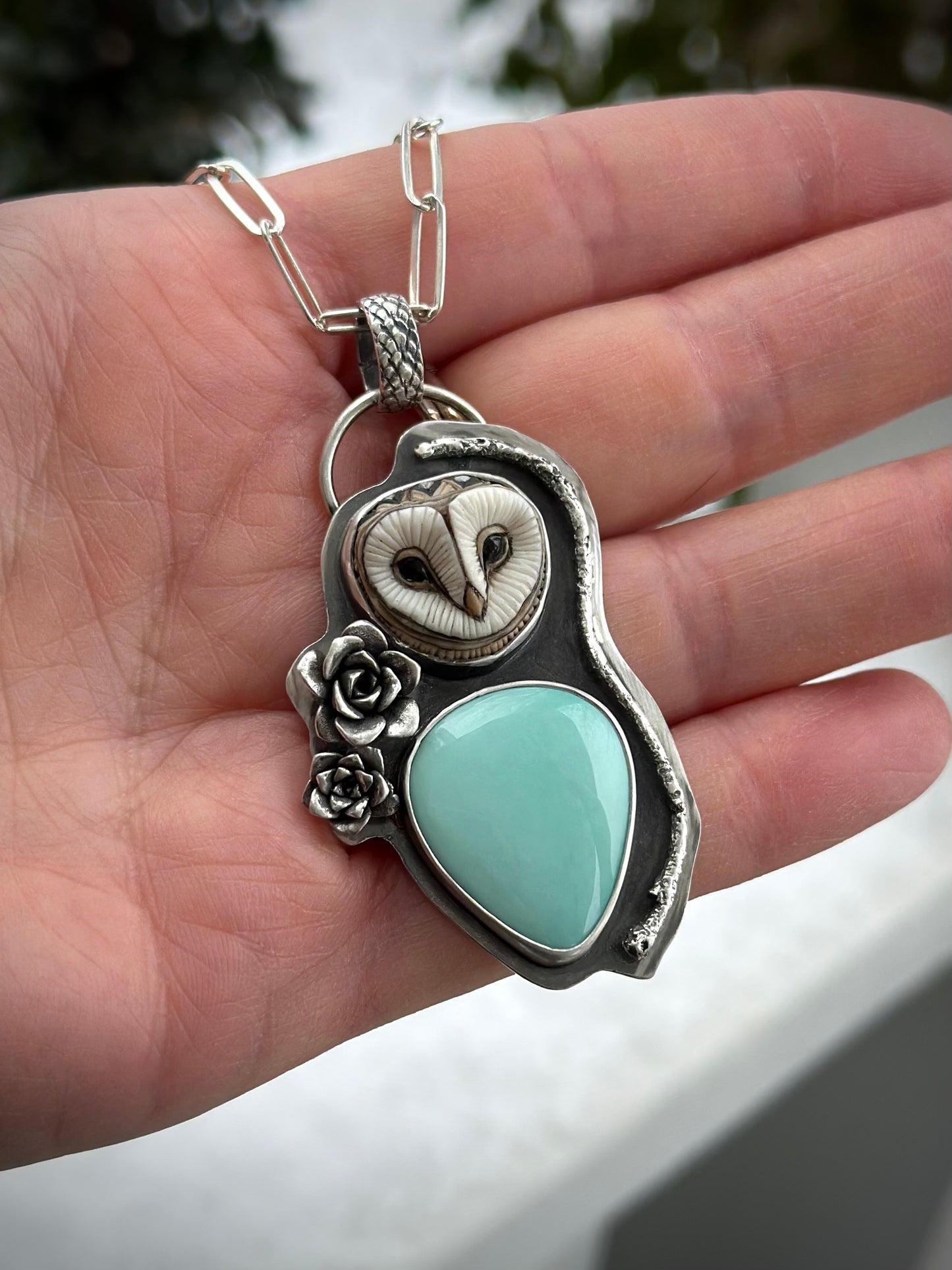 Big Minty Desert Bloom Variscite + Laura Mears Owl Face Pendant v2