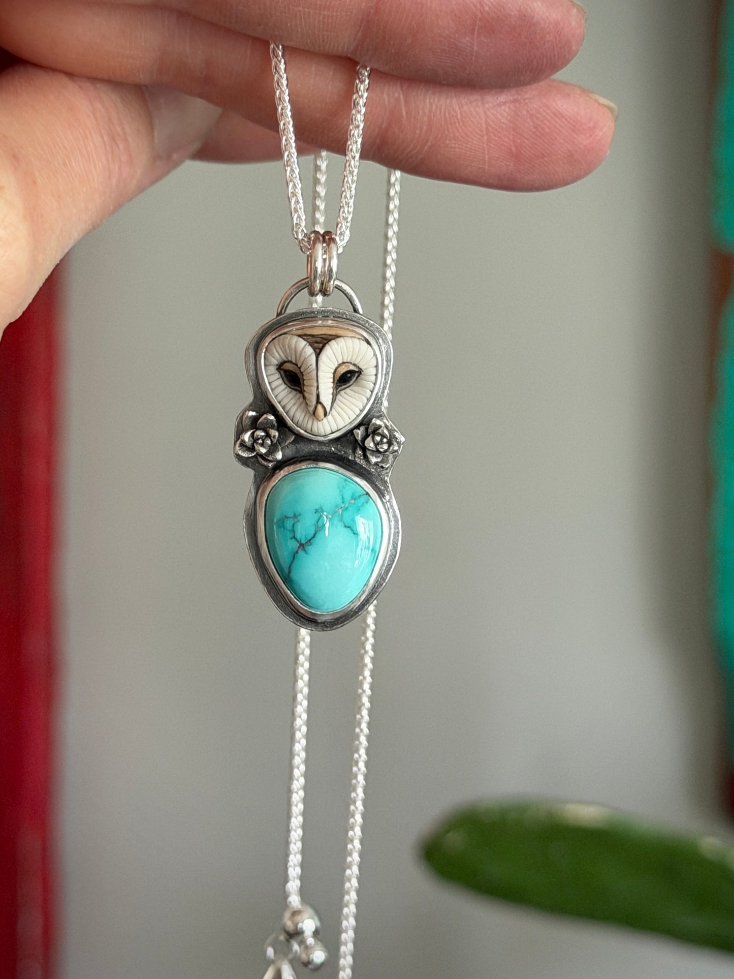Lone Mountain Turquoise Laura Mears Owl Pendant with Succulents in Blue