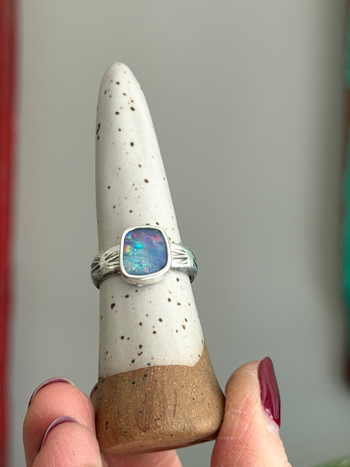 Coober Pedy Opal Ring Square size 9.25 STAMPED BAND