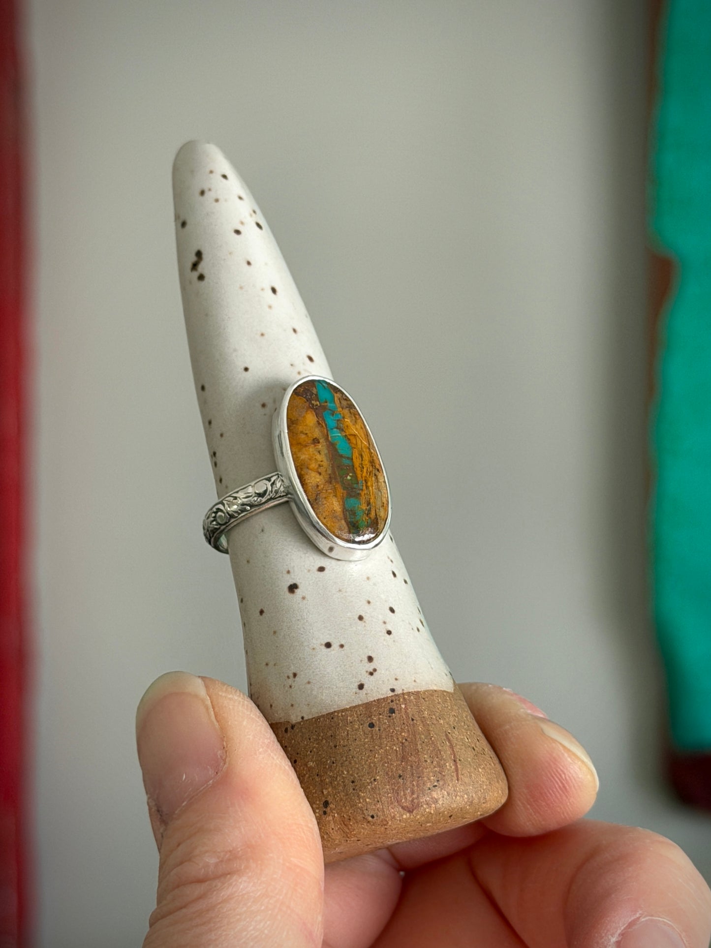Green Royston Ribbon Turquoise Oval Ring in sizes 6.75 + 8.75