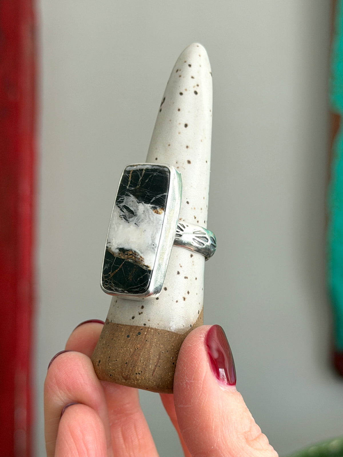 White Buffalo Rectangle Ring size 10 STAMPED BAND