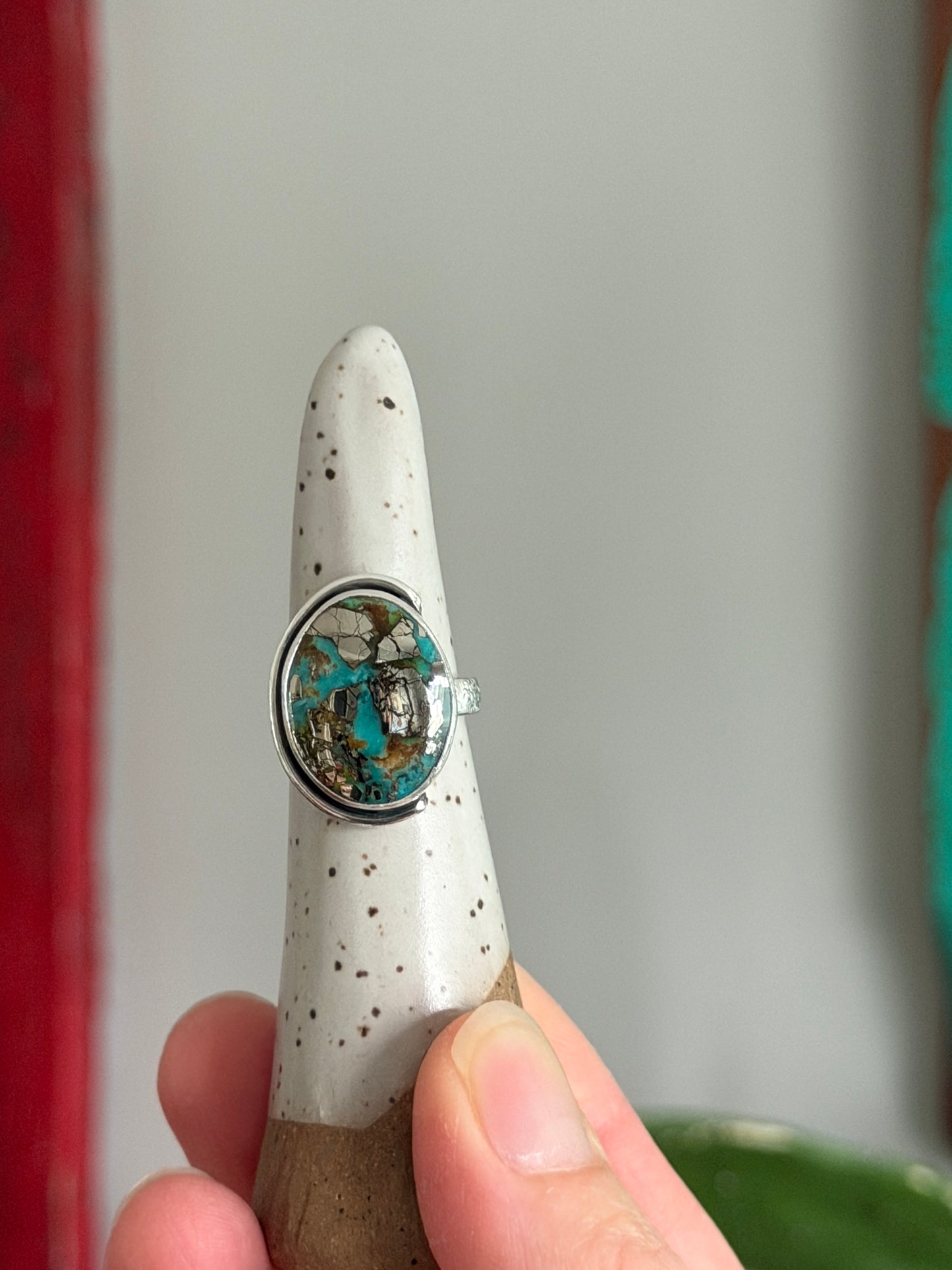 Morenci 2 Turquoise Ring with Pyrite size 6.25