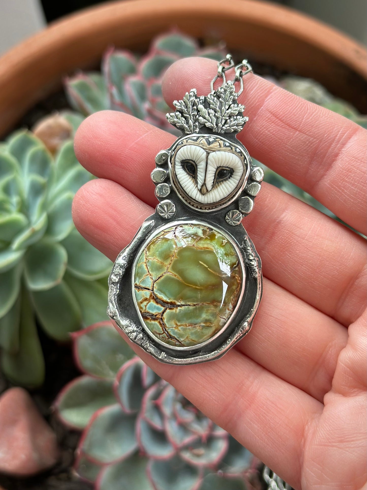 Desert Bloom Variscite Laura Mears Owl Pendant Necklace