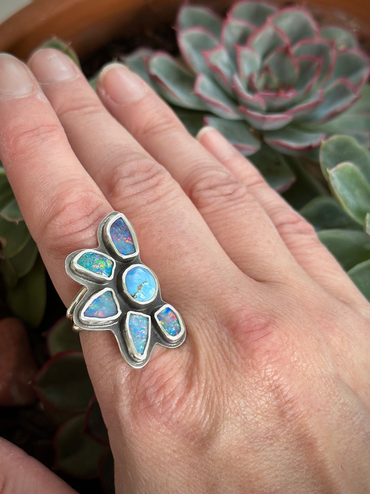 Coober Pedy Opal Half Flower Ring in size 8-1/2