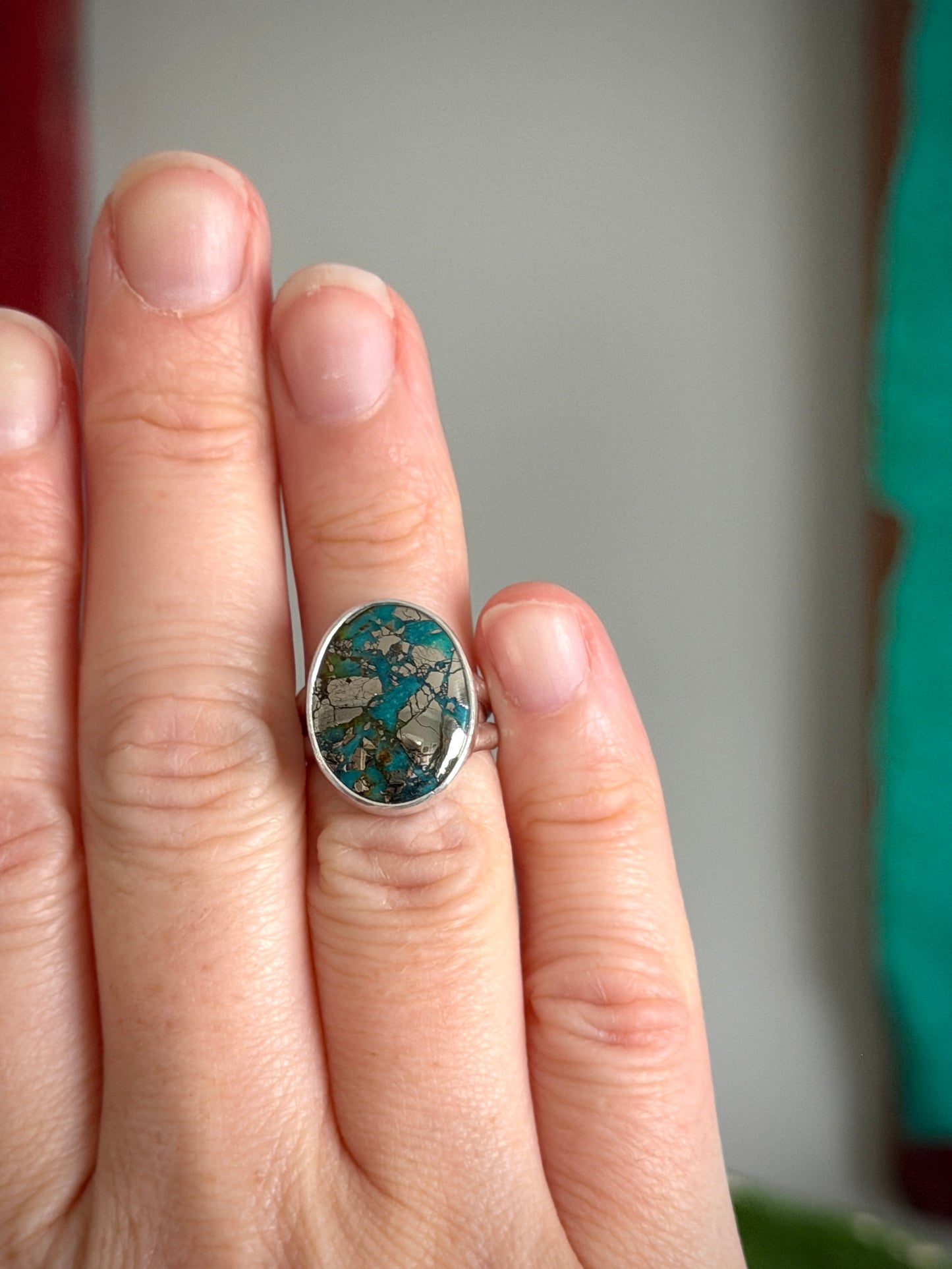 Morenci 2 Turquoise Ring with Pyrite size 4.75