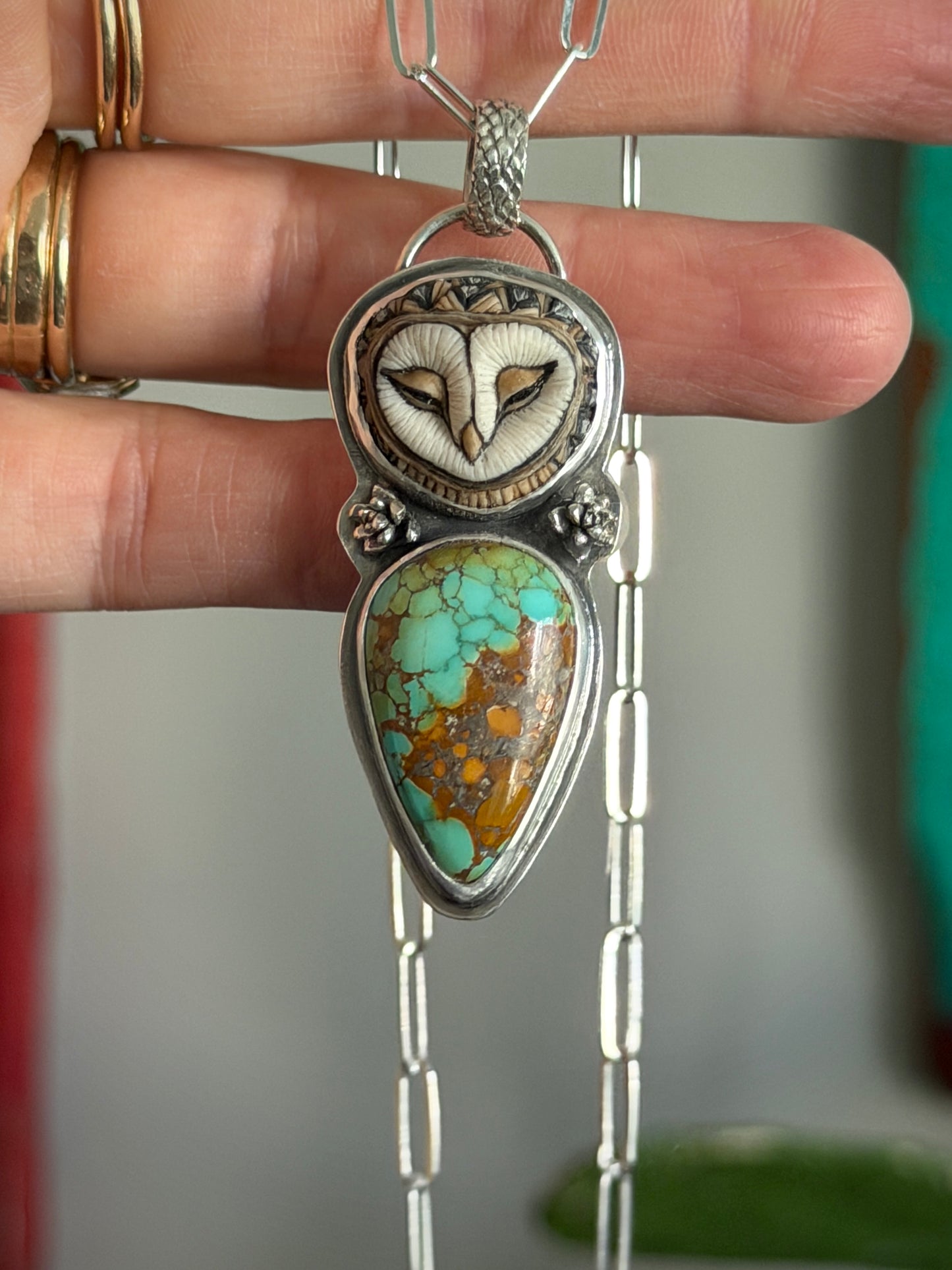 Laura Mears Sleeping Owl Pendant with Thunderbird Turquoise