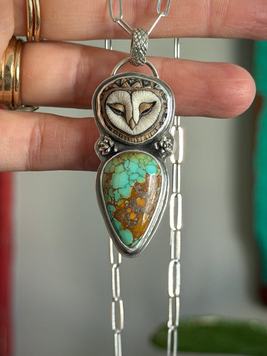 Laura Mears Sleeping Owl Pendant with Thunderbird Turquoise