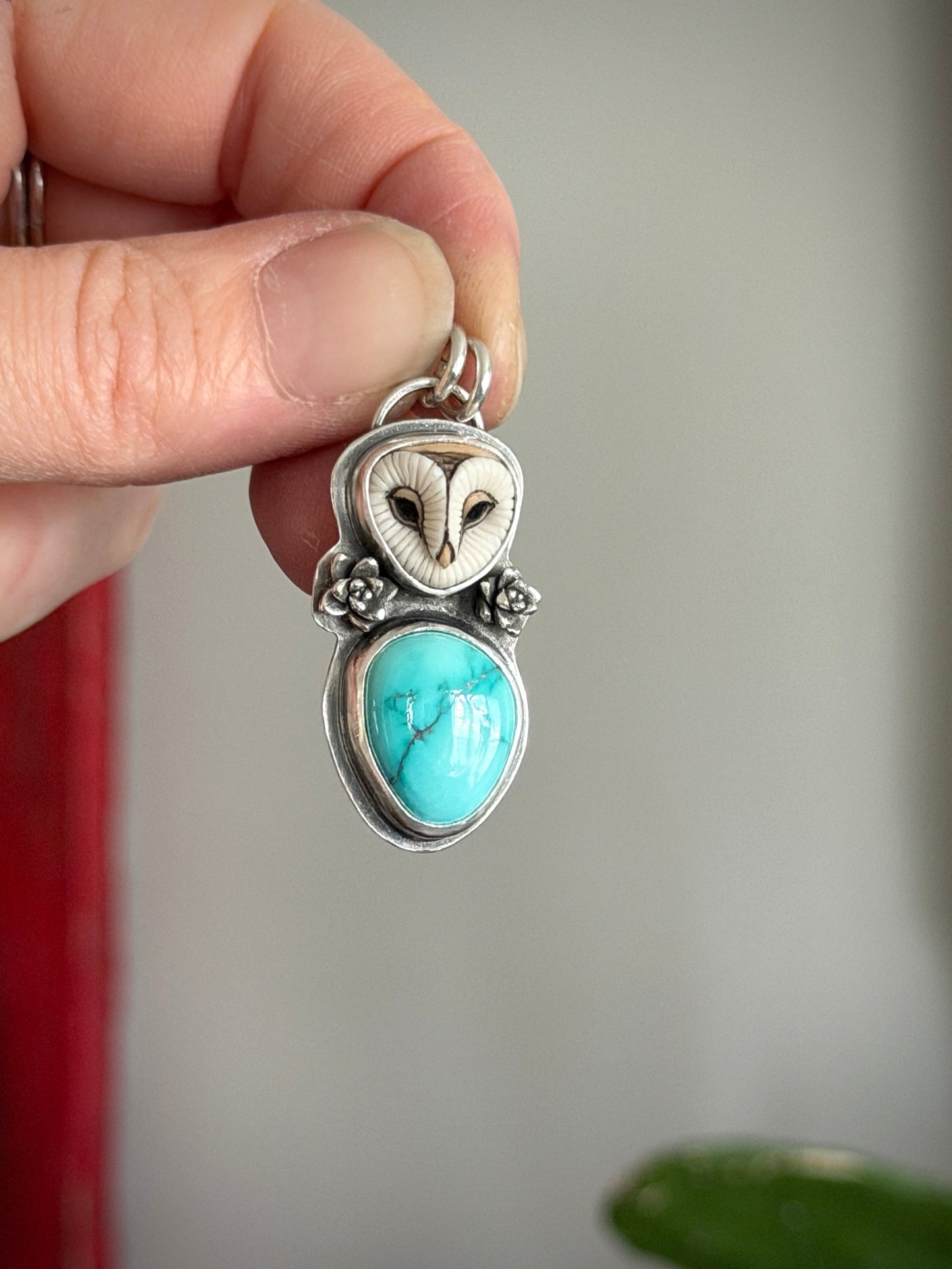 Lone Mountain Turquoise Laura Mears Owl Pendant with Succulents in Blue