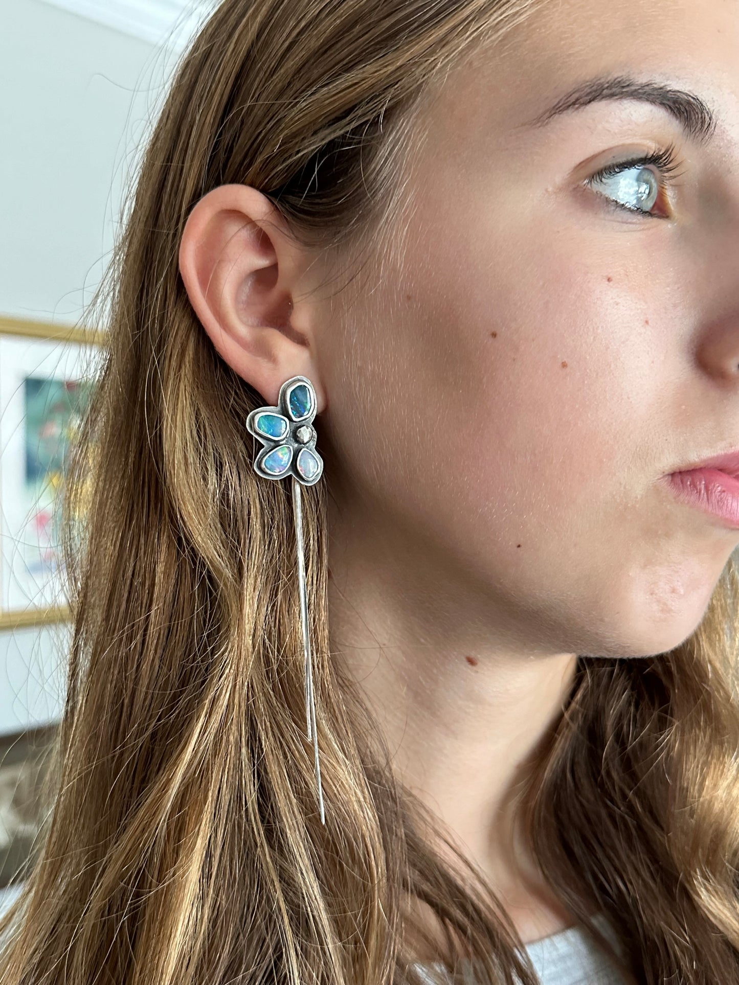 Flashy Half Flower Opal Stud Earrings with Tassels