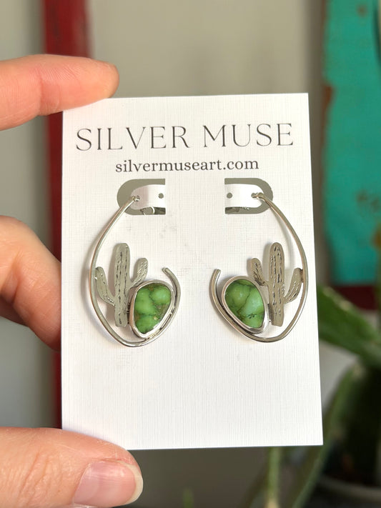 Emerald Valley Turquoise Cactus Hoop Stud Earrings