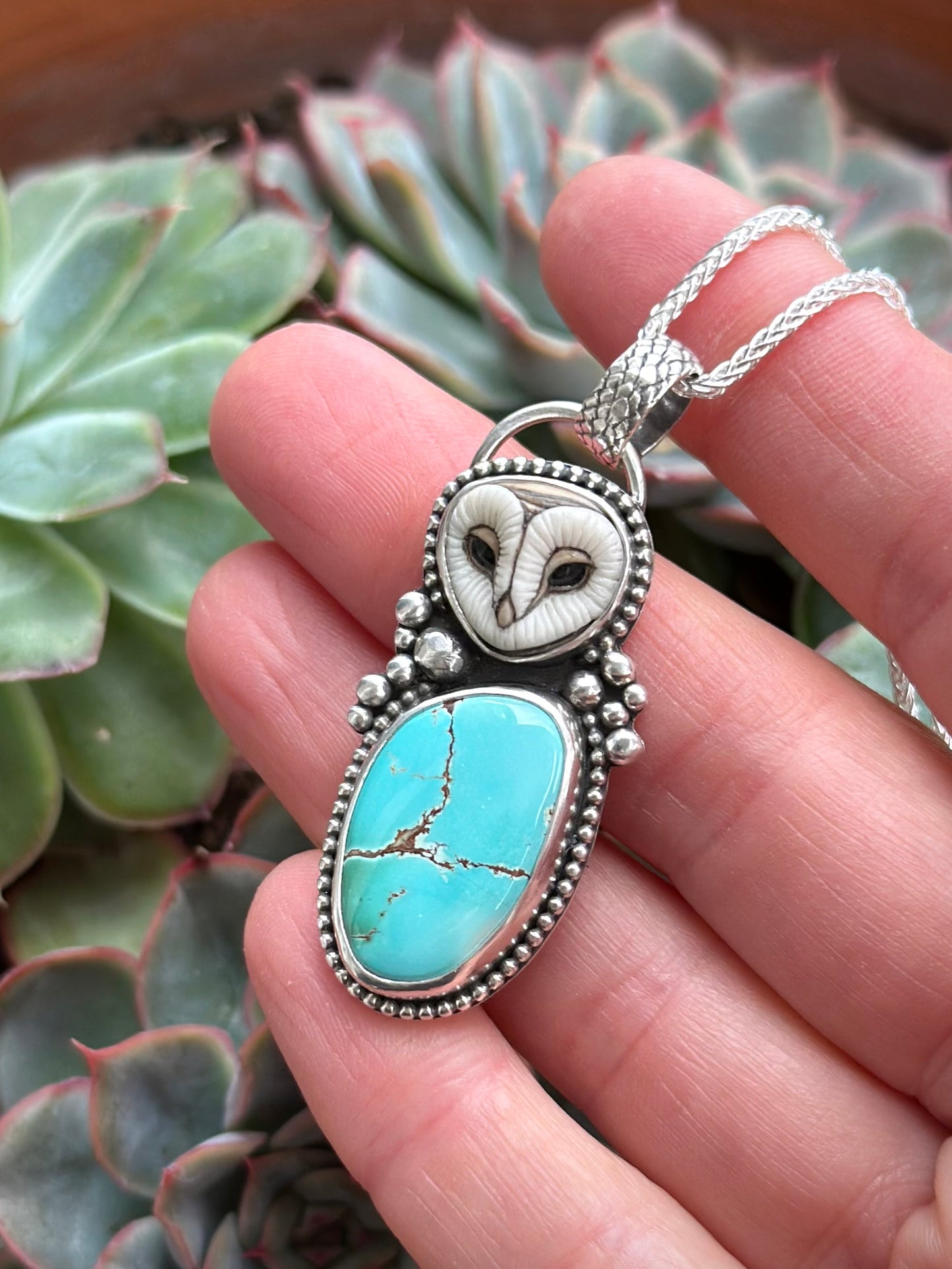 Royston Turquoise + Laura Mears Owl Face Pendant