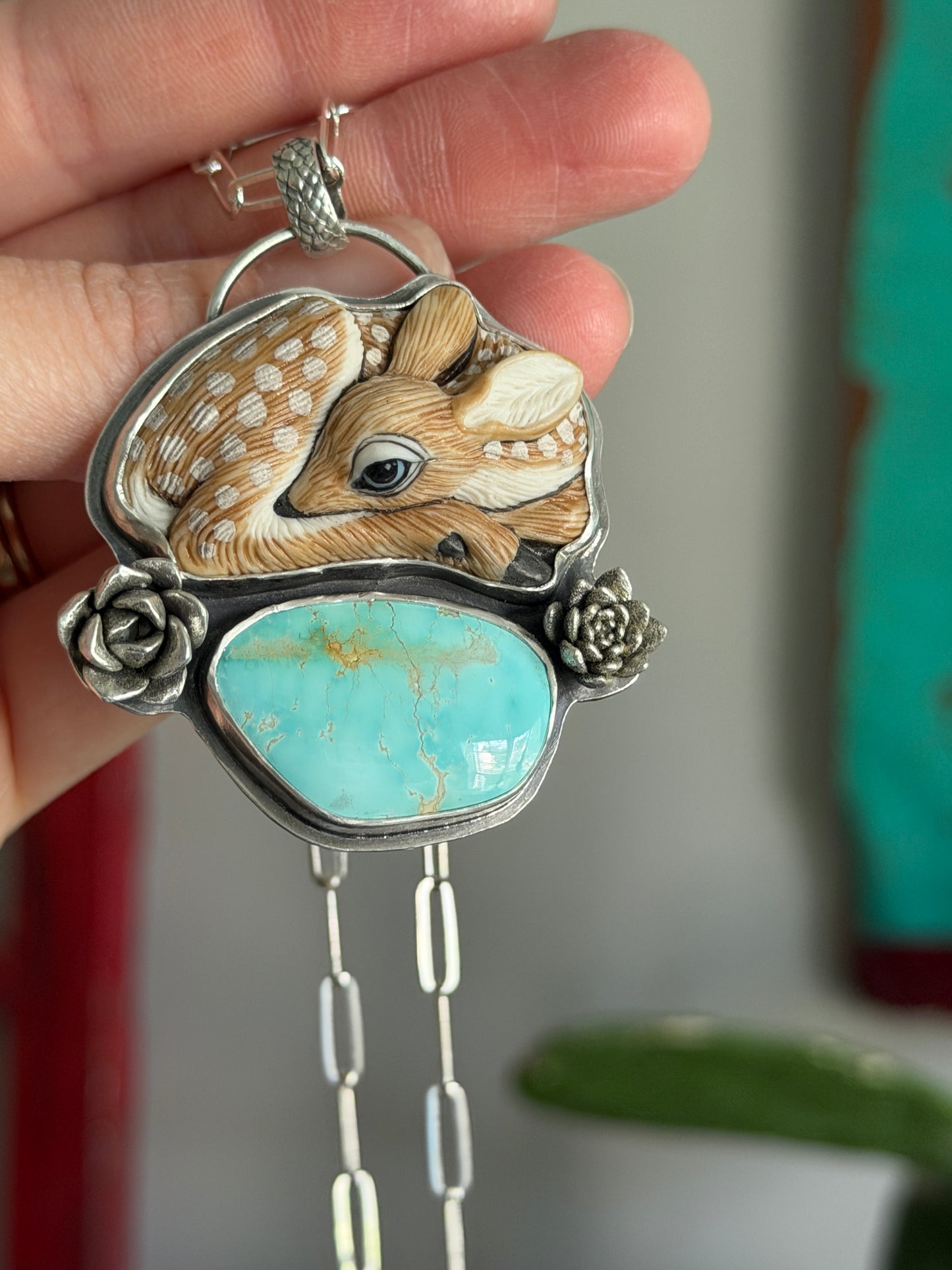 As Is Royston Turquoise Laura Mears Fawn Pendant with Succulents