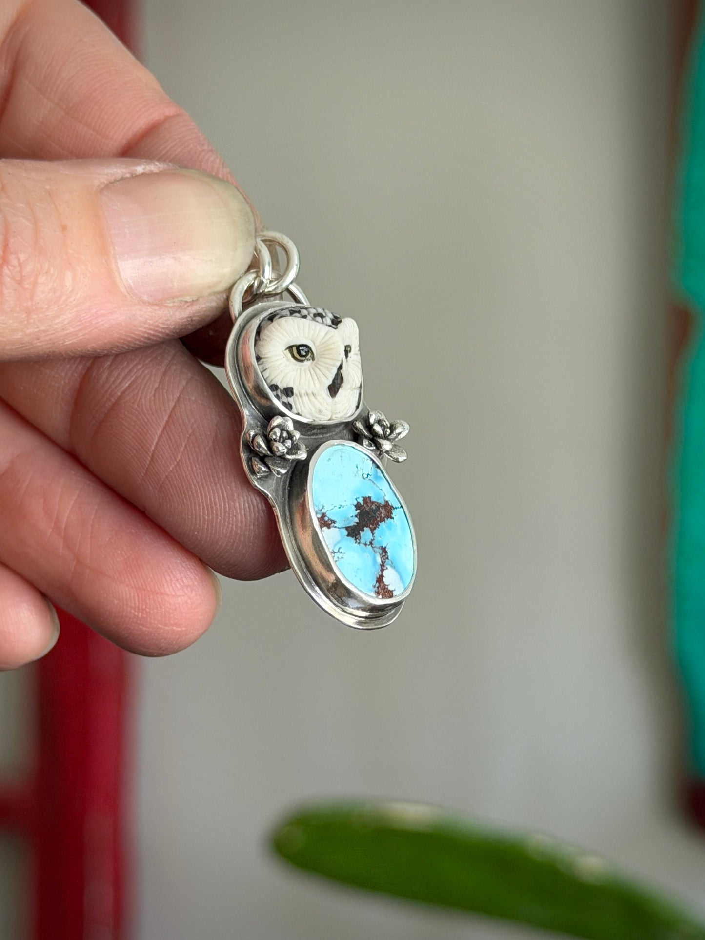 Golden Hills Turquoise Laura Mears Snowy Owl Pendant with Succulents