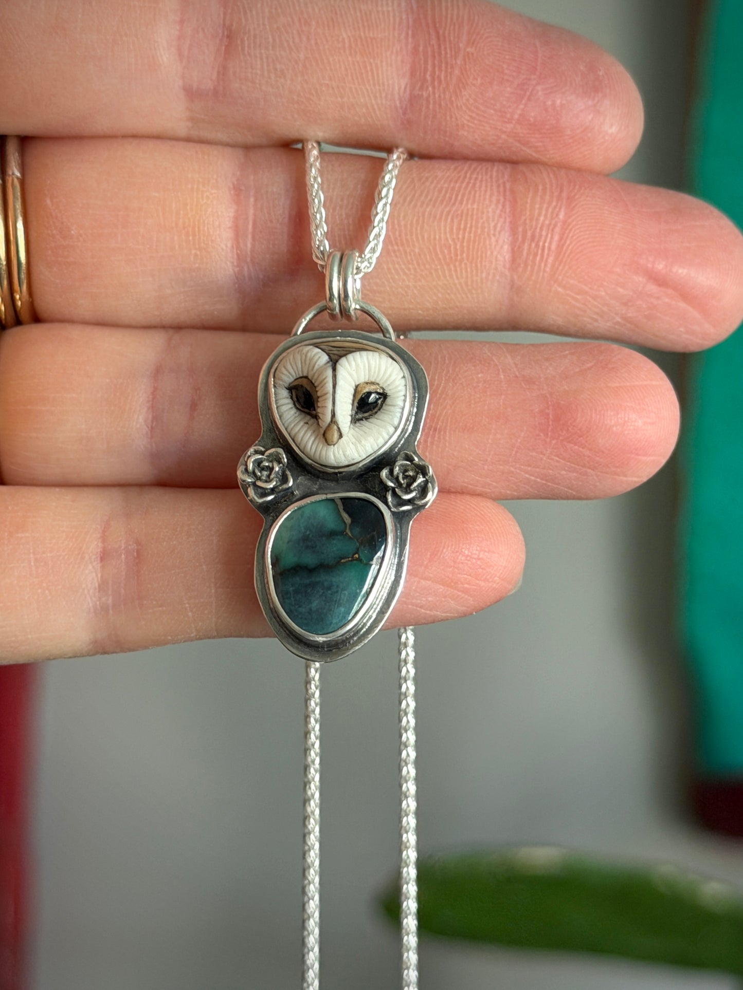 Laura Mears Owl Pendant with Blueboy Variscite + Succulents