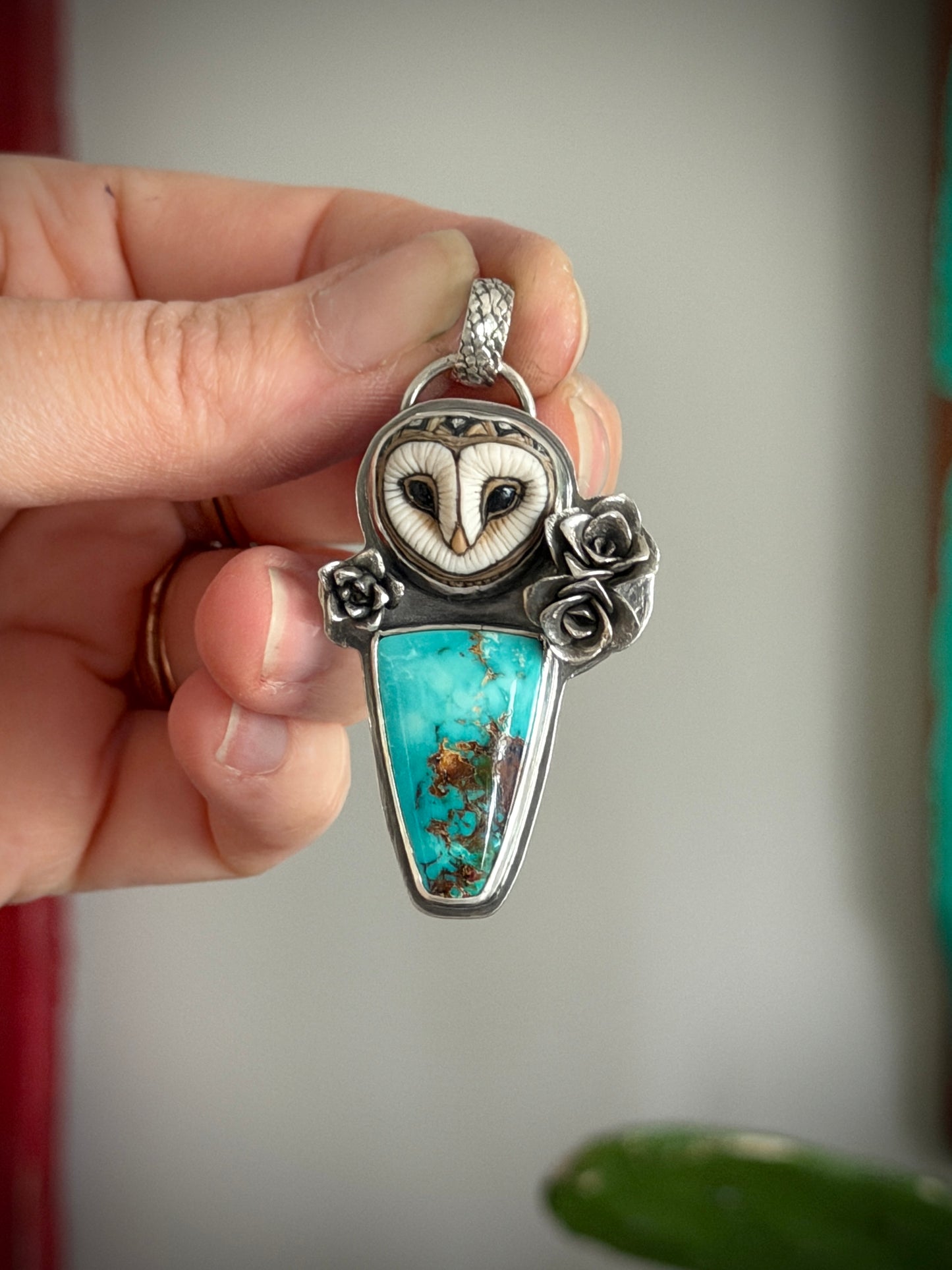 High Grade Royston Turquoise Laura Mears Owl Pendant with Succulents