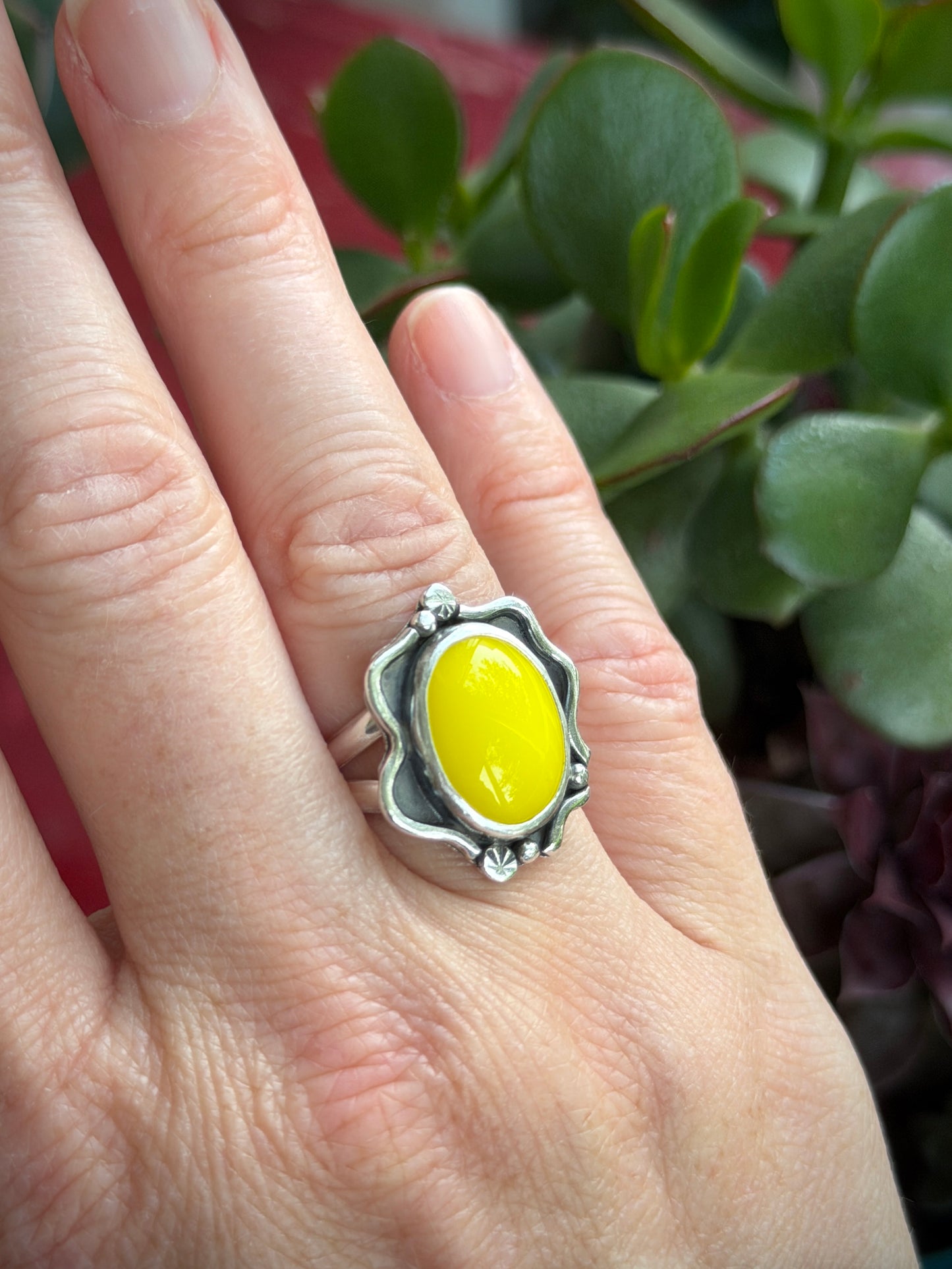 Yellow Rosarita Slag Glass Ring Gothic Vibes in size 6.75
