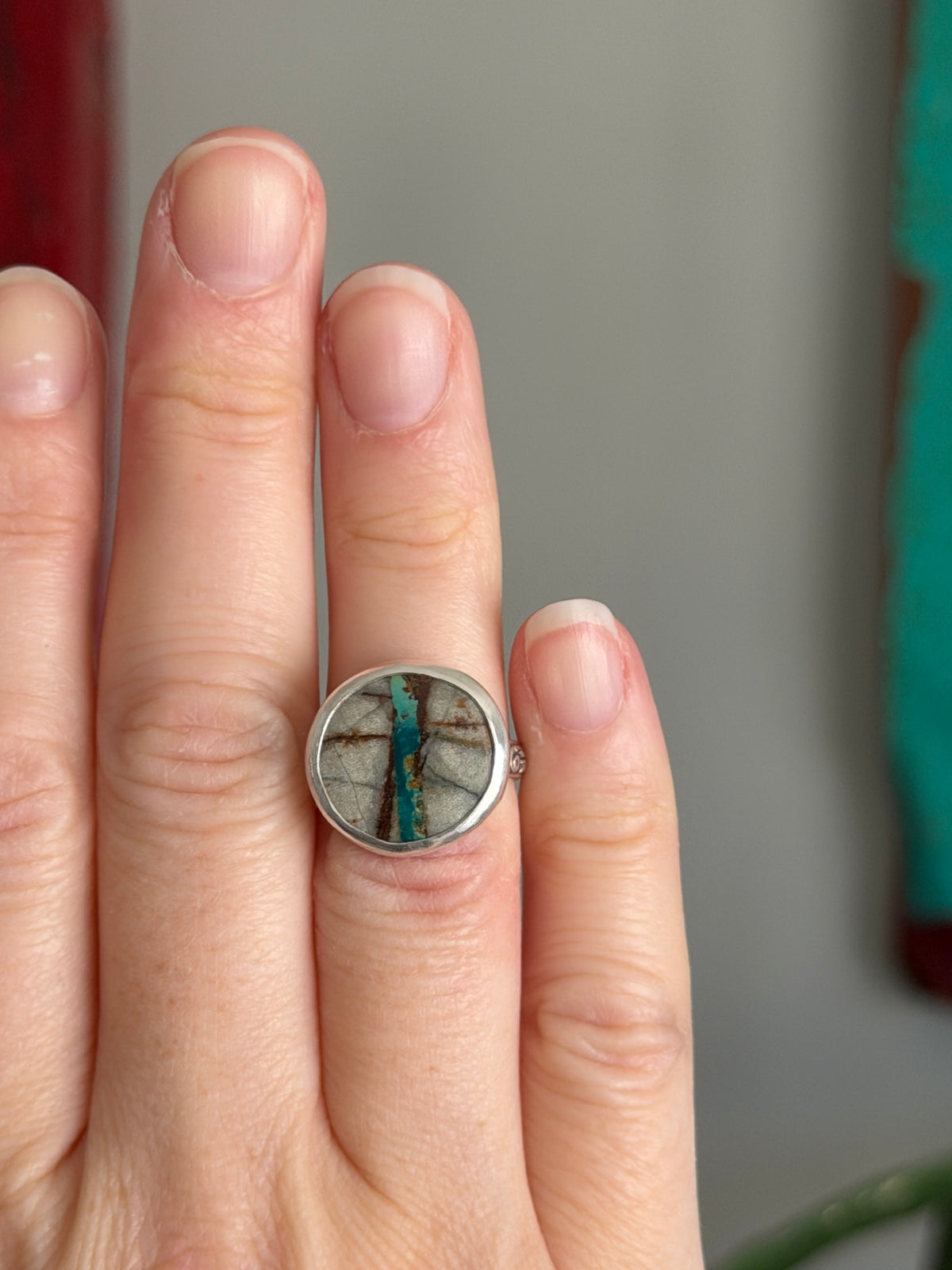 Royston Ribbon Turquoise Coin Style Ring in size 6 + 8