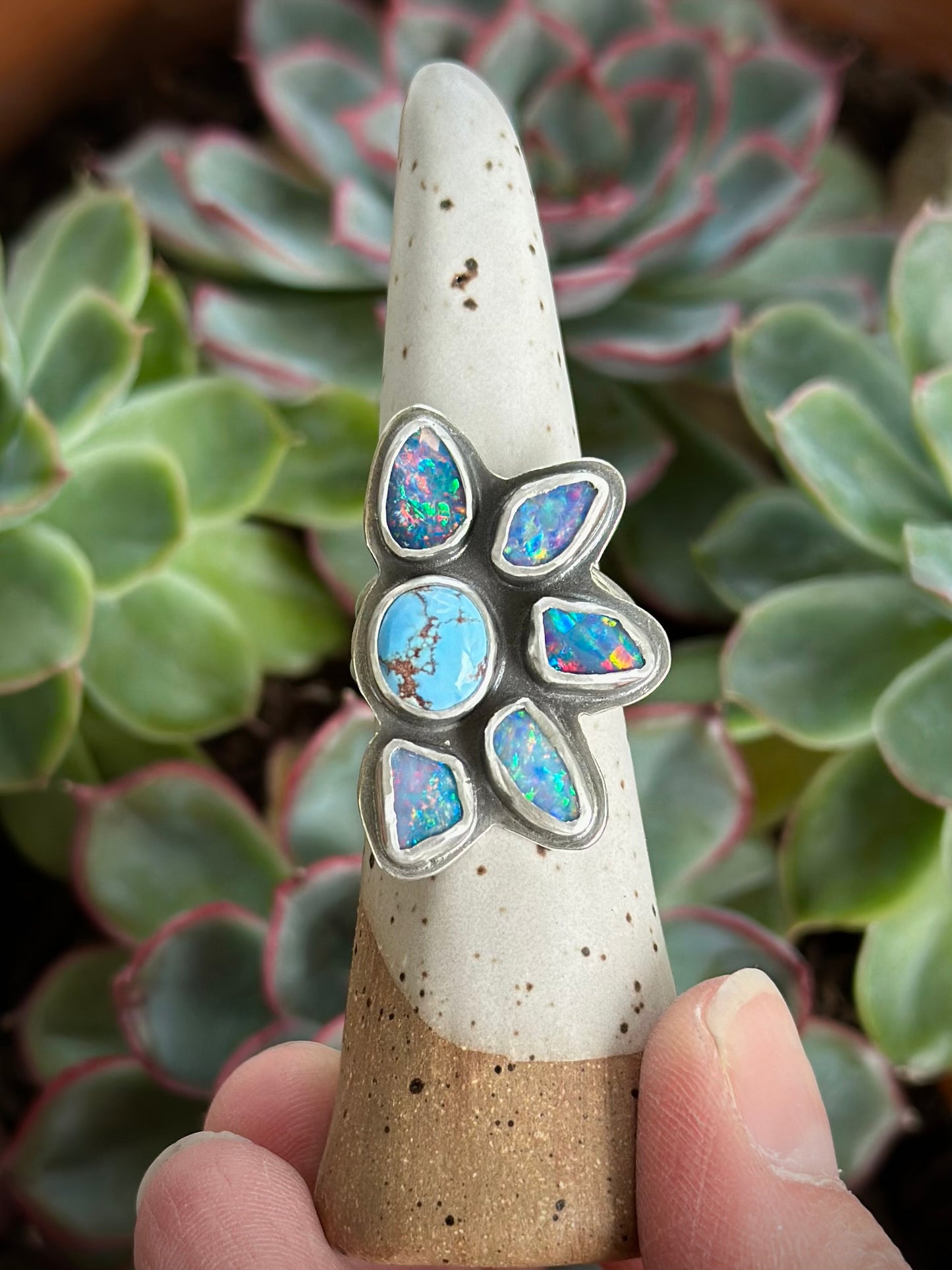 Coober Pedy Opal Half Flower Ring in size 7-3/4