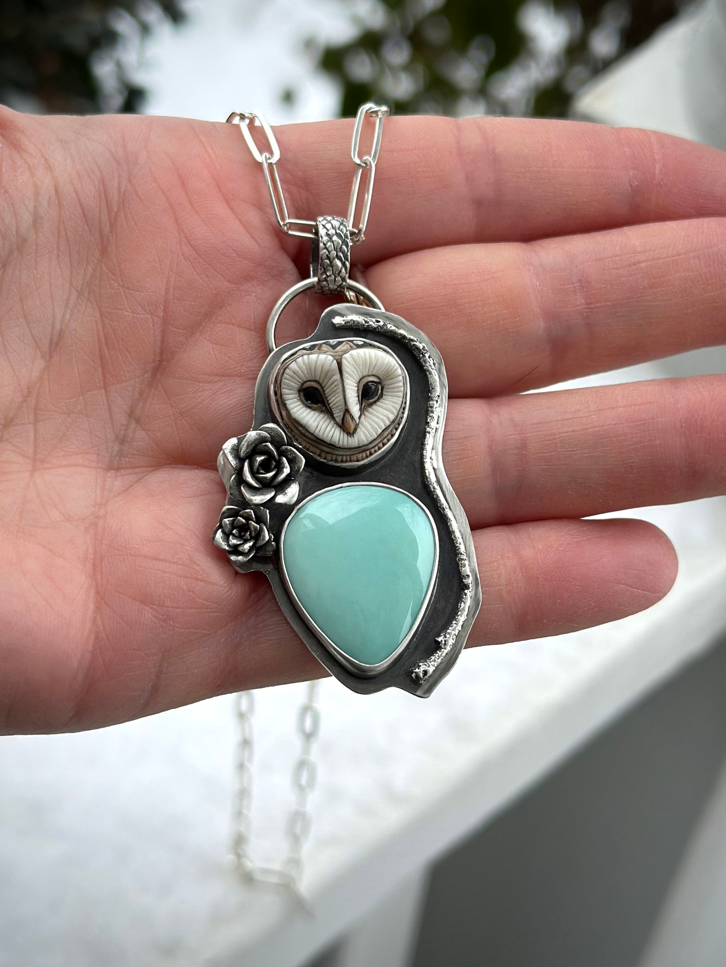 Big Minty Desert Bloom Variscite + Laura Mears Owl Face Pendant v2