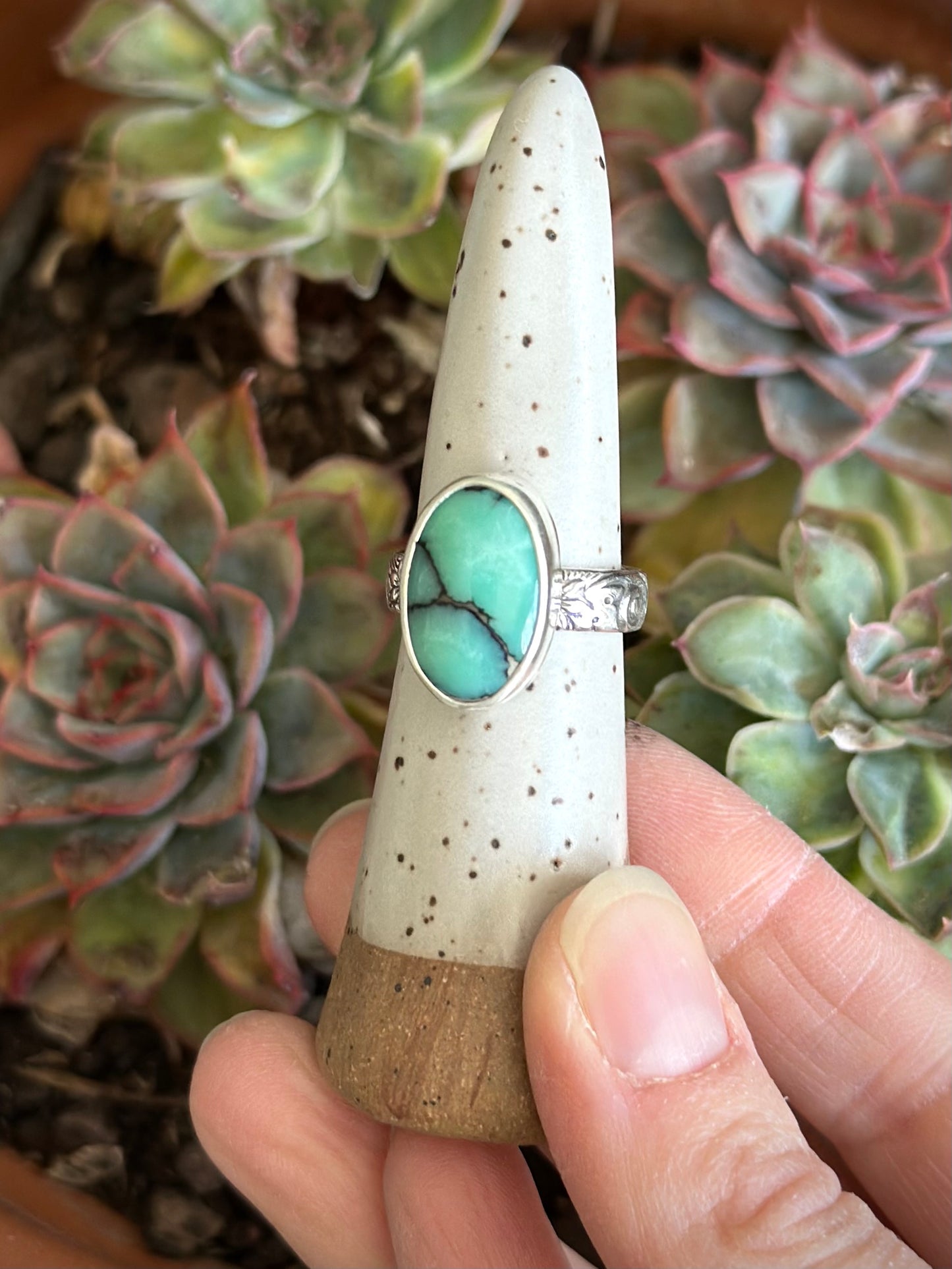 Desert Bloom Variscite Spiral Flower Band Ring in size 7.75