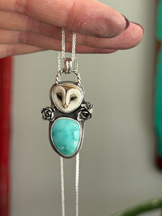 Natural Fox Turquoise Laura Mears Owl Pendant with Succulents