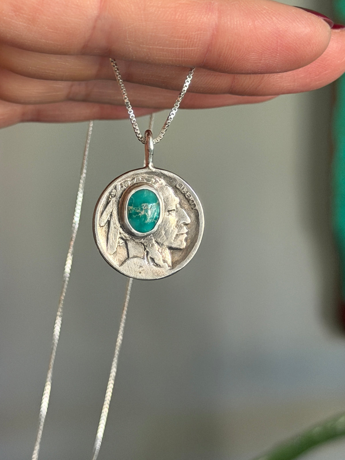 Indian Head Buffalo Nickel Emerald Valley Turquoise Necklace 1923