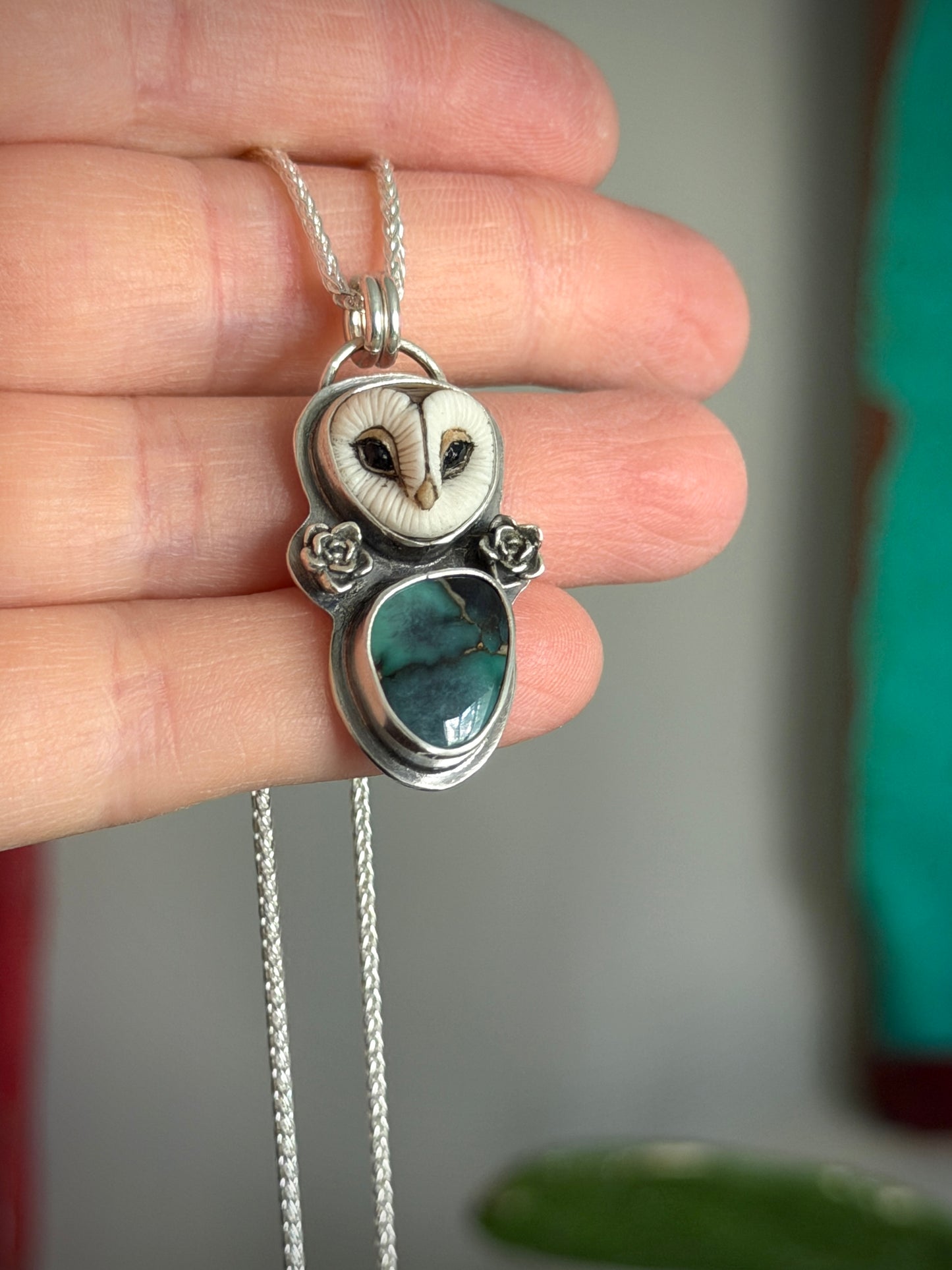Laura Mears Owl Pendant with Blueboy Variscite + Succulents