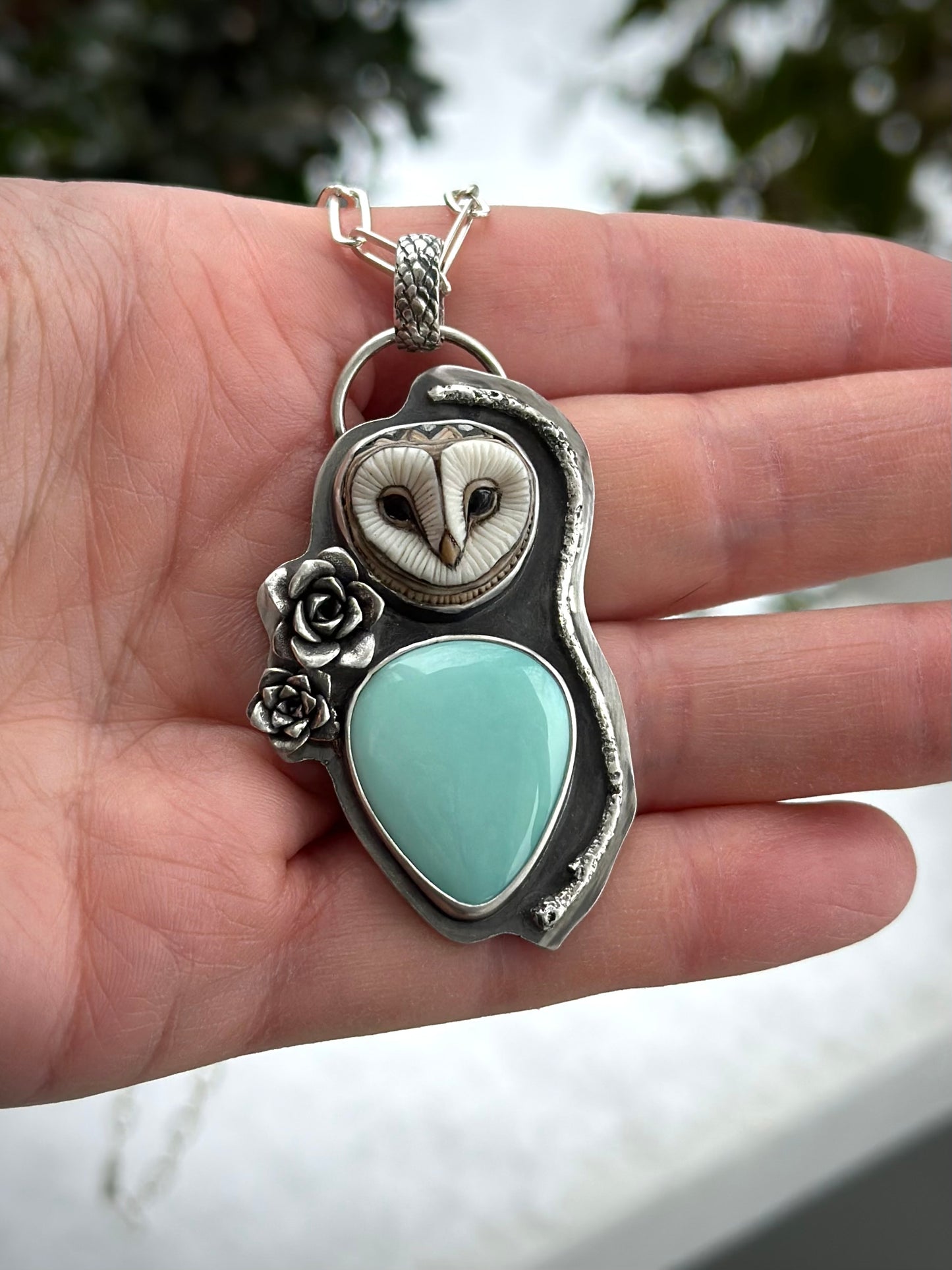 Big Minty Desert Bloom Variscite + Laura Mears Owl Face Pendant v2