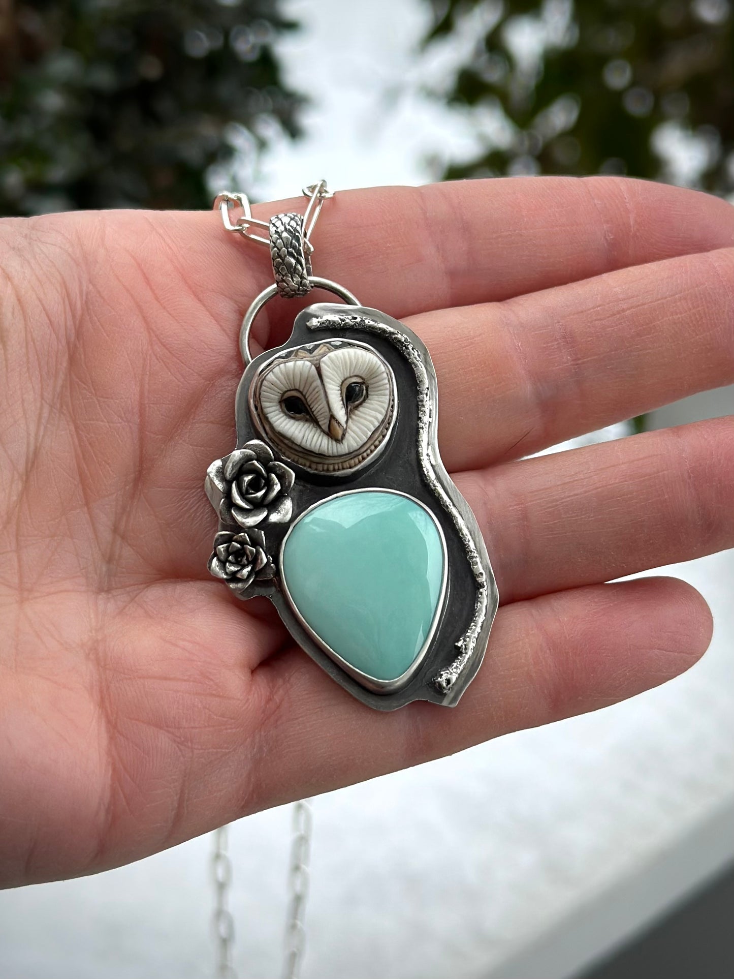 Big Minty Desert Bloom Variscite + Laura Mears Owl Face Pendant v2