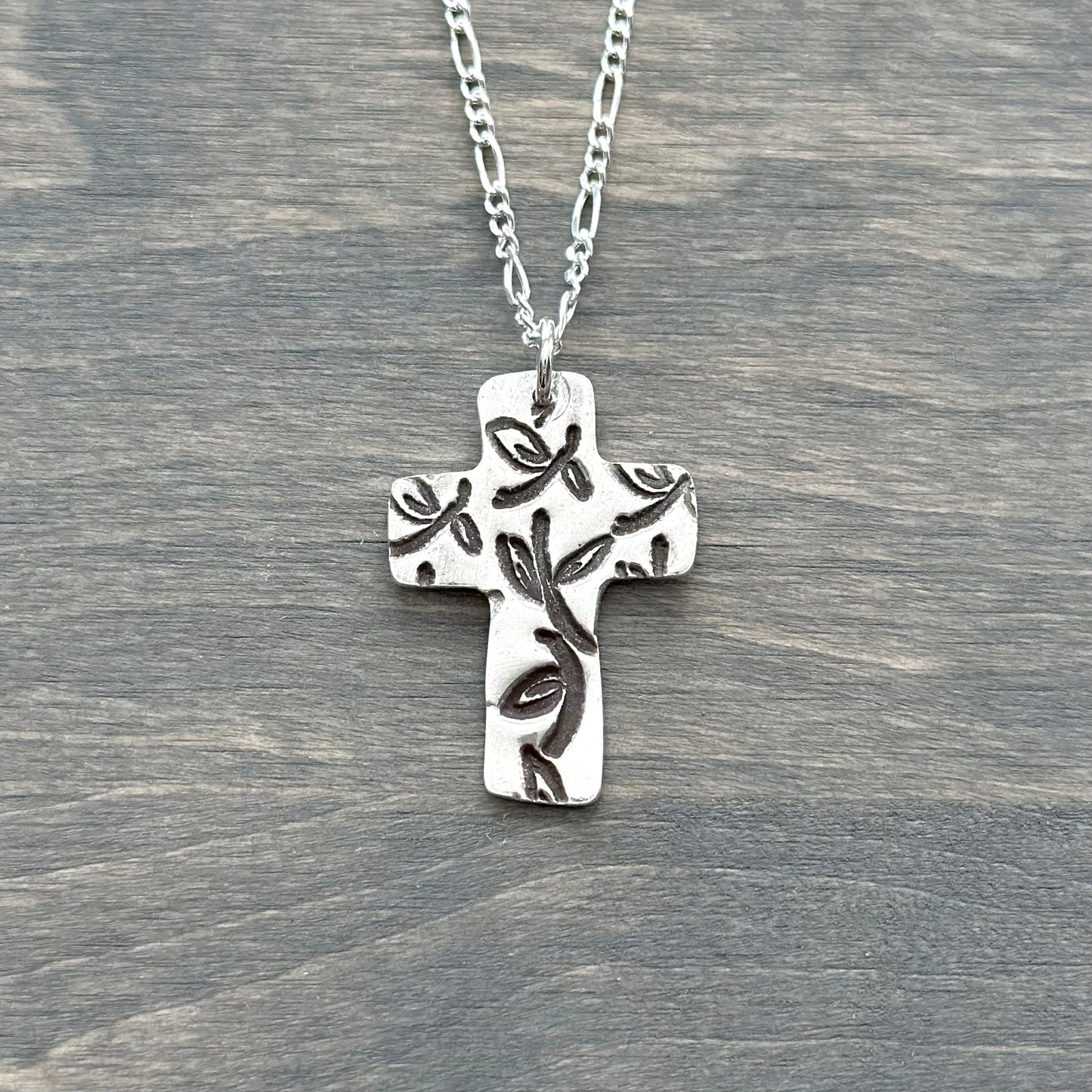 Leafy Cross Necklace in Fine Silver
