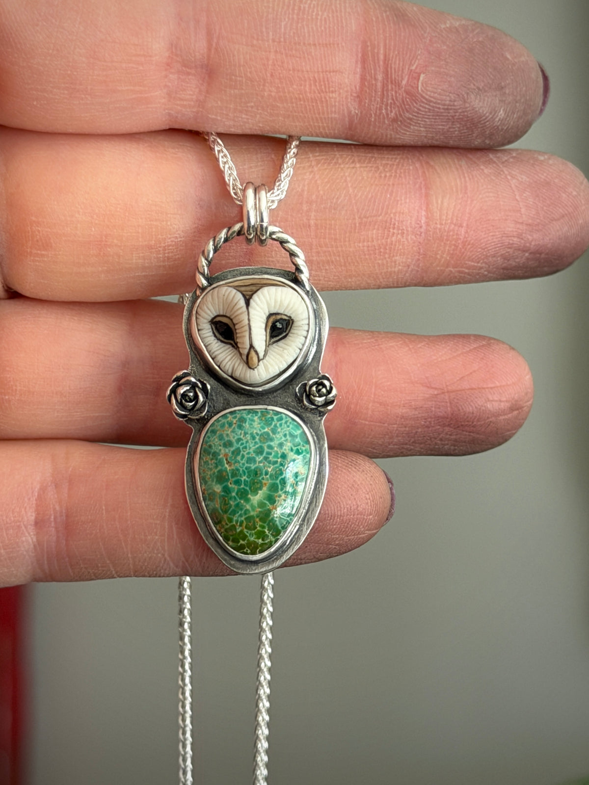 Natural Kingman Turquoise Laura Mears Owl Pendant with Succulents