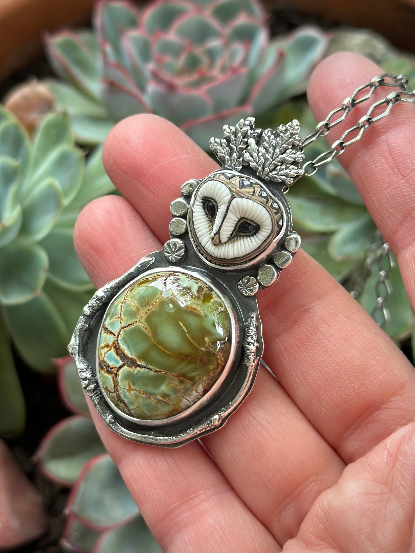 Desert Bloom Variscite Laura Mears Owl Pendant Necklace