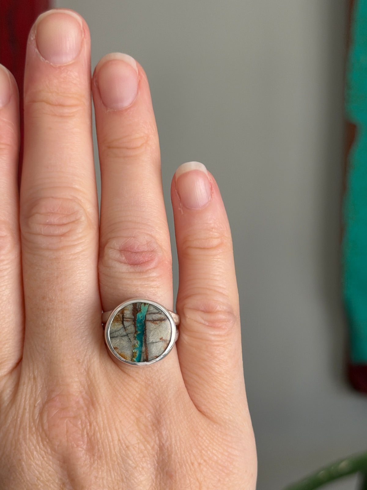 Royston Ribbon Turquoise Coin Style Ring in size 6 + 8
