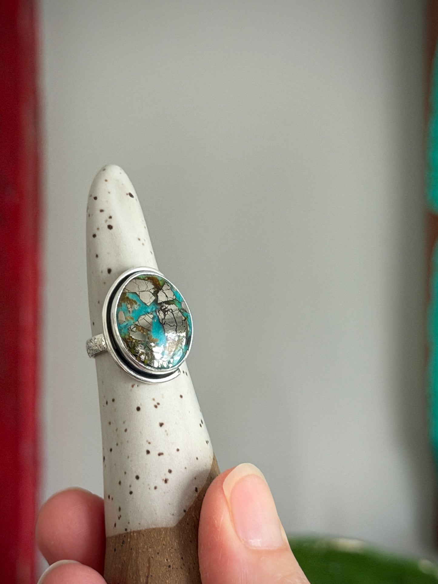 Morenci 2 Turquoise Ring with Pyrite size 6.25