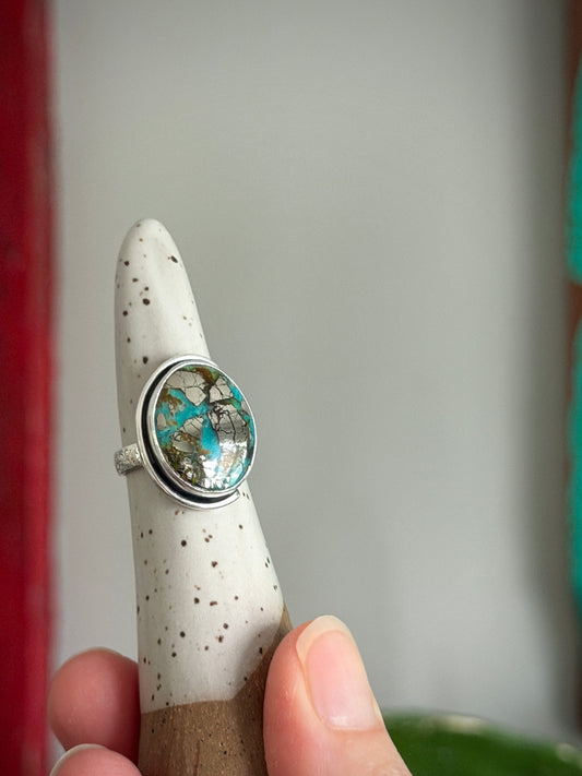 Morenci 2 Turquoise Ring with Pyrite size 6.25