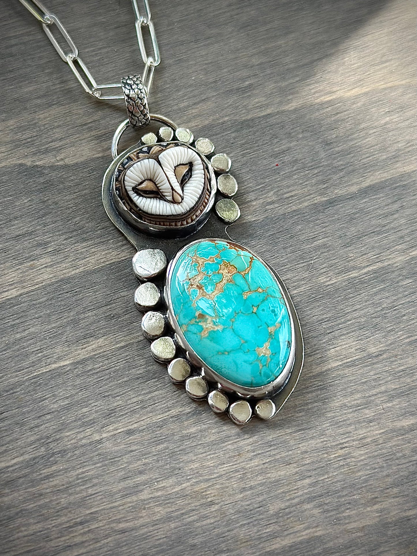 Royston Turquoise + Laura Mears Owl Face Pendant