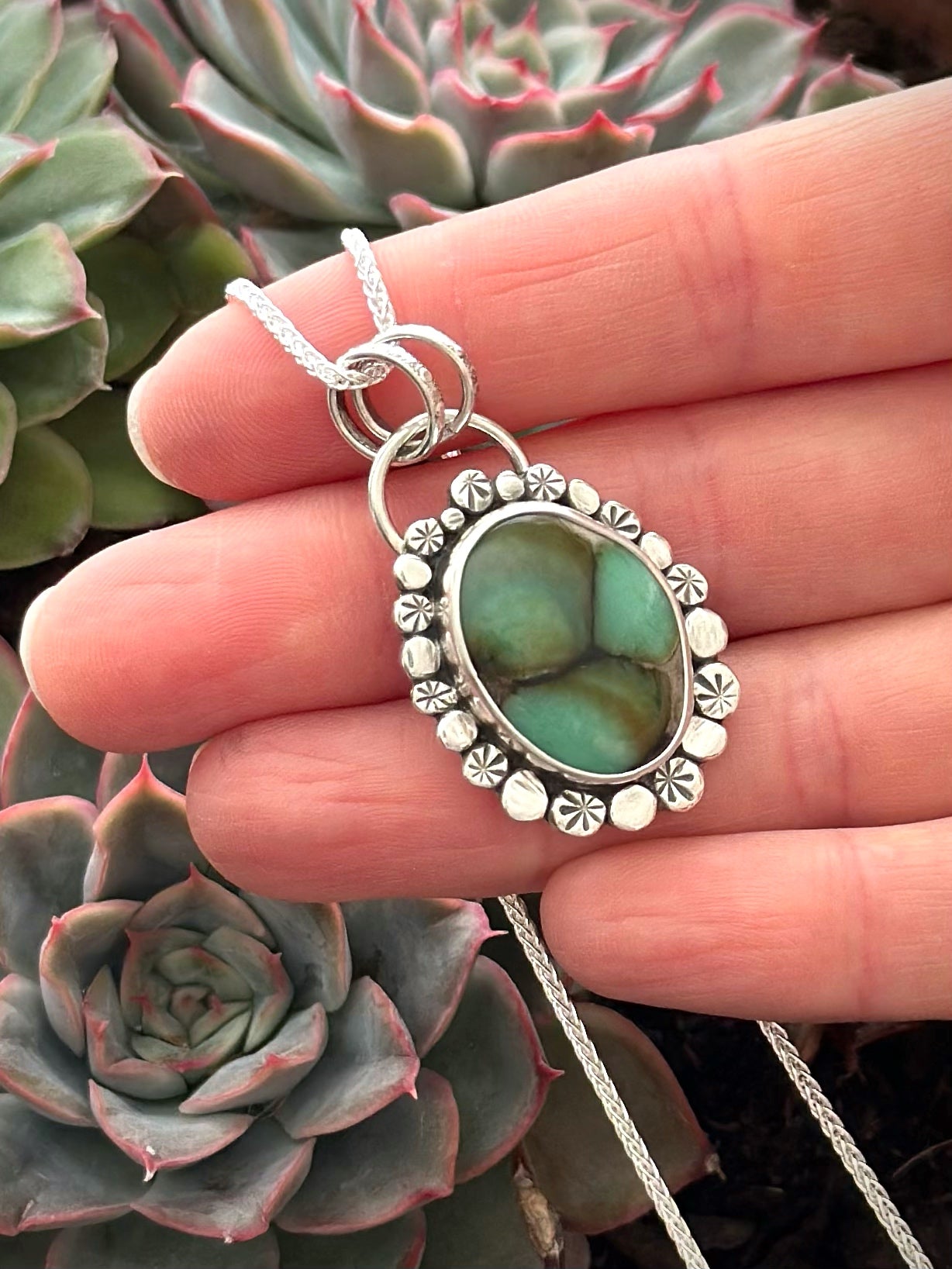 Polychrome Desert Bloom Variscite Pendant with Hammered Granulation