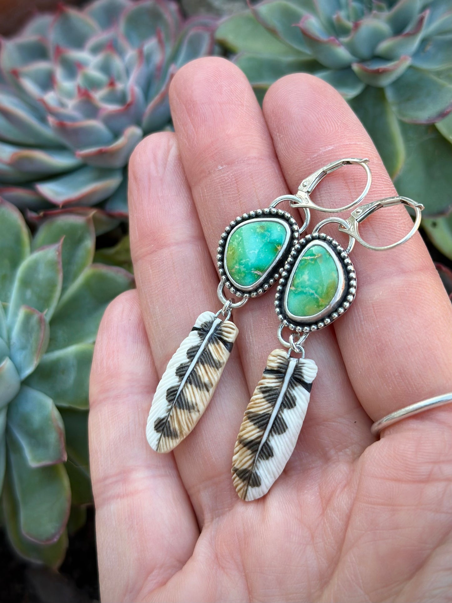 Emerald Valley Turquoise + Owl Feather Earrings