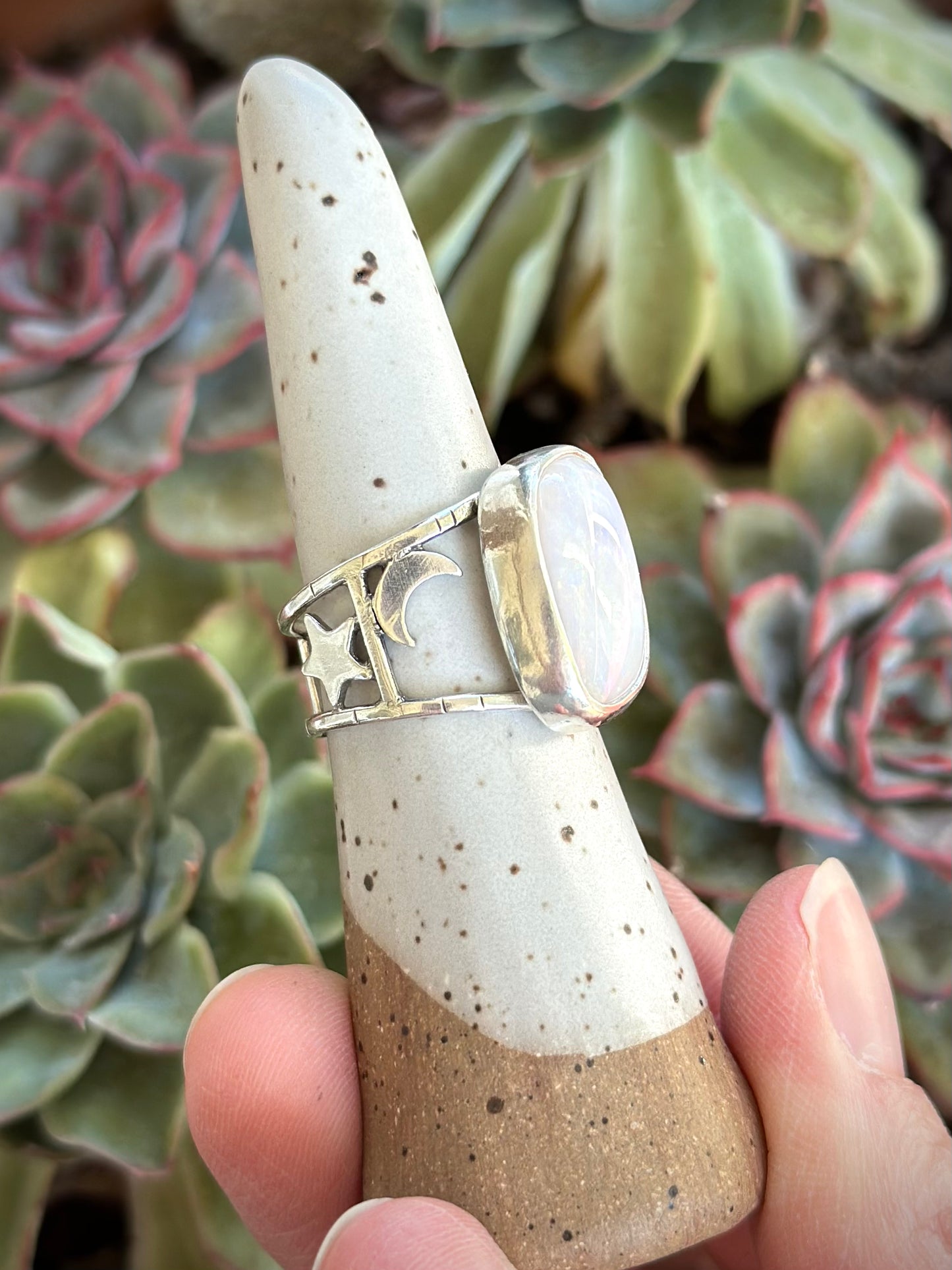 White Opal Moon and Stars Ring size 8.5