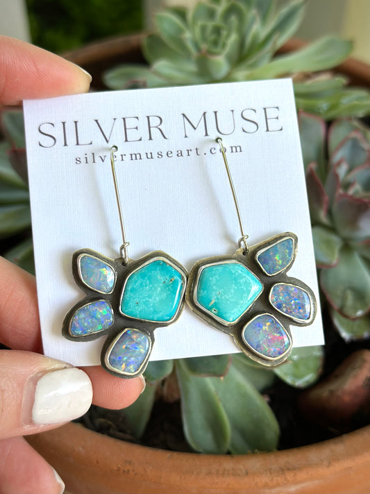 Coober Pedy Opal + Emerald Valley Turquoise Earrings v1