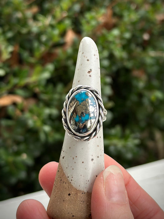 Morenci 2 Turquoise Twist Pyrite Loaded Ring in size 7