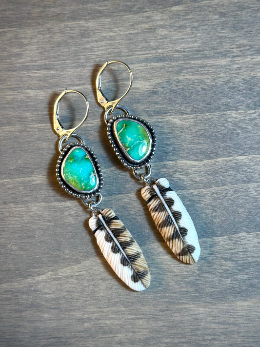 Emerald Valley Turquoise + Owl Feather Earrings